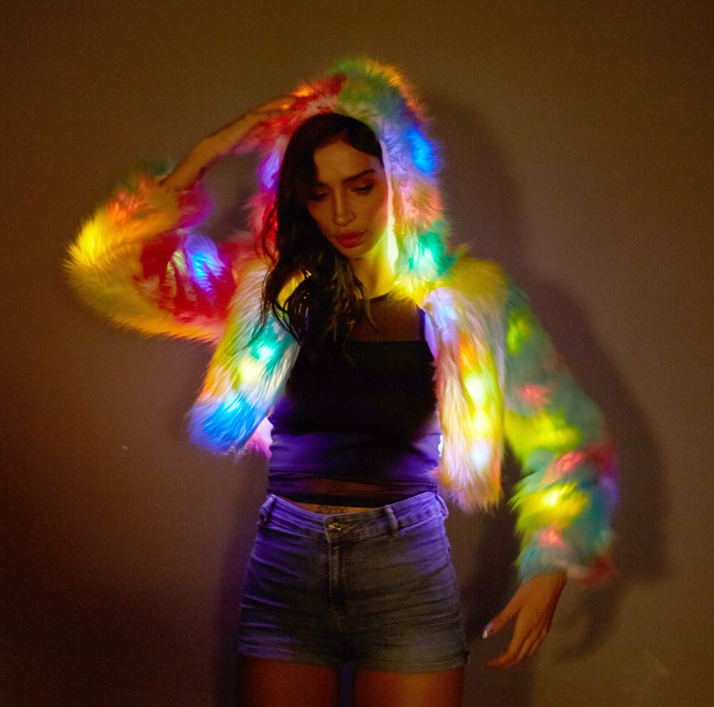 LED Light Up Jacket for Women - Glow in The Dark Rave, Stage, Xmas & Birthday Party Costume - Faux Fur Coats for Nightclub, Festival & Fancy Dress
