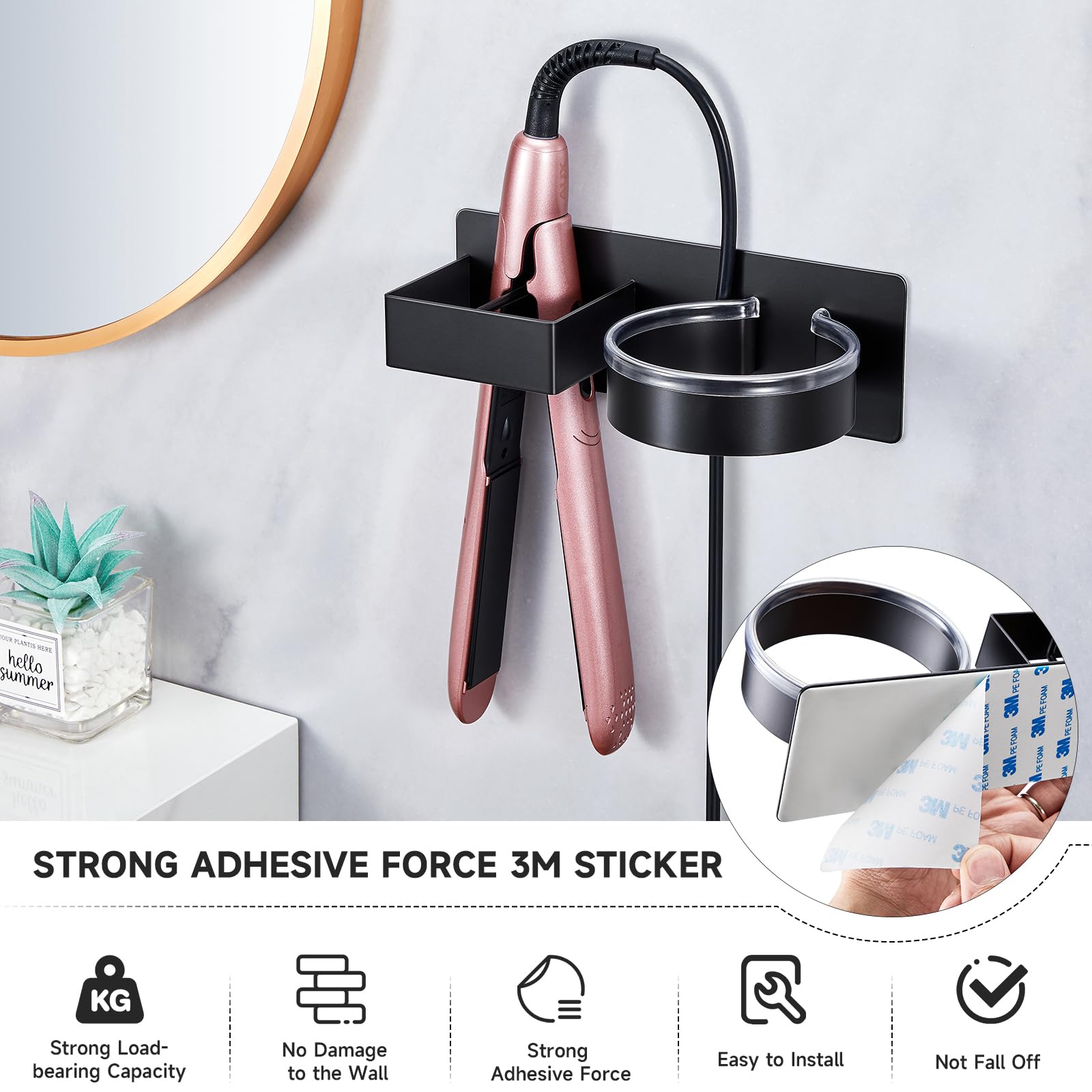 Wall Mounted Hair Dryer Holder - Adhesive Blow Dryer & Hair Straightener Organizer - Stainless Steel Bathroom Storage for Curling Irons & Hair Tools - Perfect for Salon, Home & Travel Use