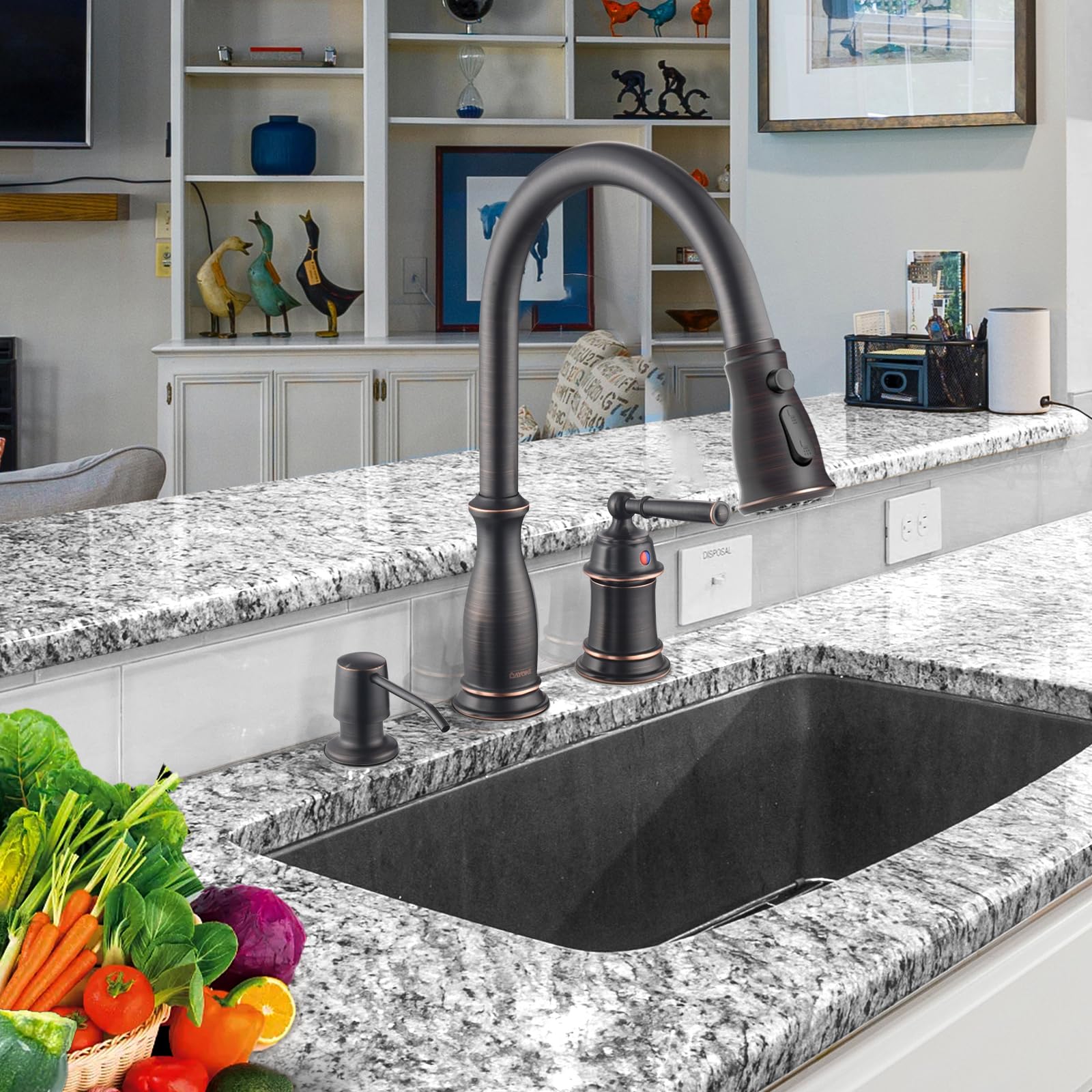 DAYONE 3-Hole Kitchen Sink Faucet with Soap Dispenser & Separate Handle - Oil Rubbed Bronze Pull Down Sprayer, High Arc Single Handle Design (DAY-279ORB) - Perfect for Modern Kitchens & Food Prep Stations
