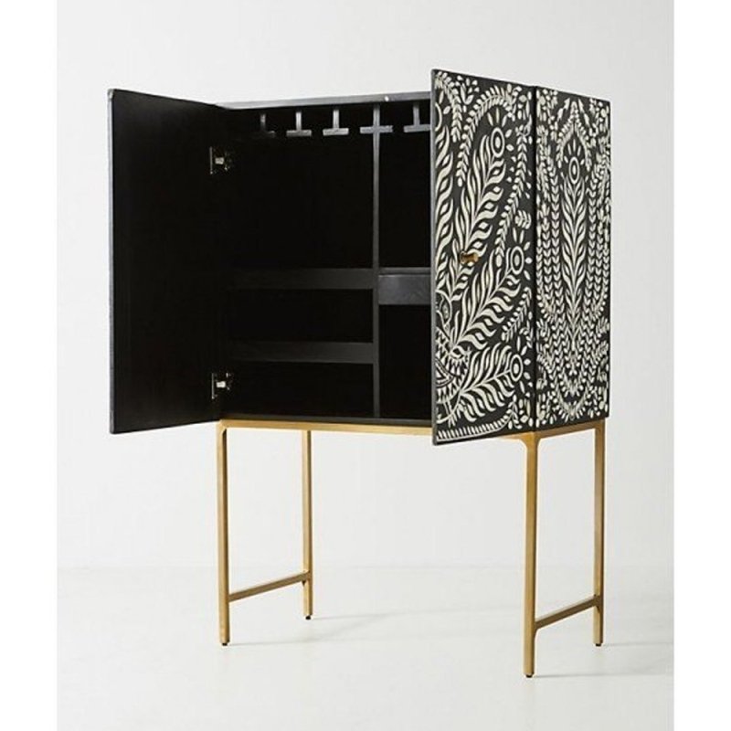 Exquisite Black & White Bone Wood Inlay Cabinet with Peacock Design - Handcrafted Home Decor for Living Room, Bedroom & Entryway