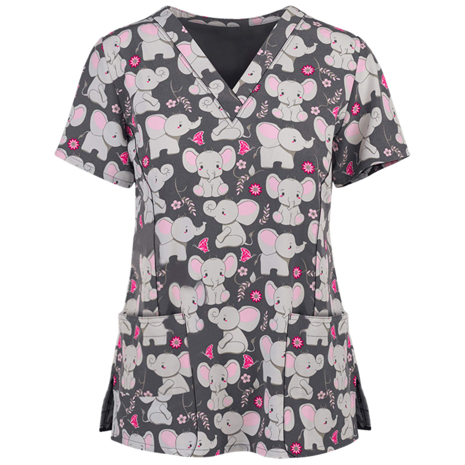 Women's Short Sleeve V-Neck Scrub Tops - Cute Printed Nursing Uniform Medical Shirt with Pockets | Comfortable Healthcare Workwear for Nurses, Doctors & Medical Professionals