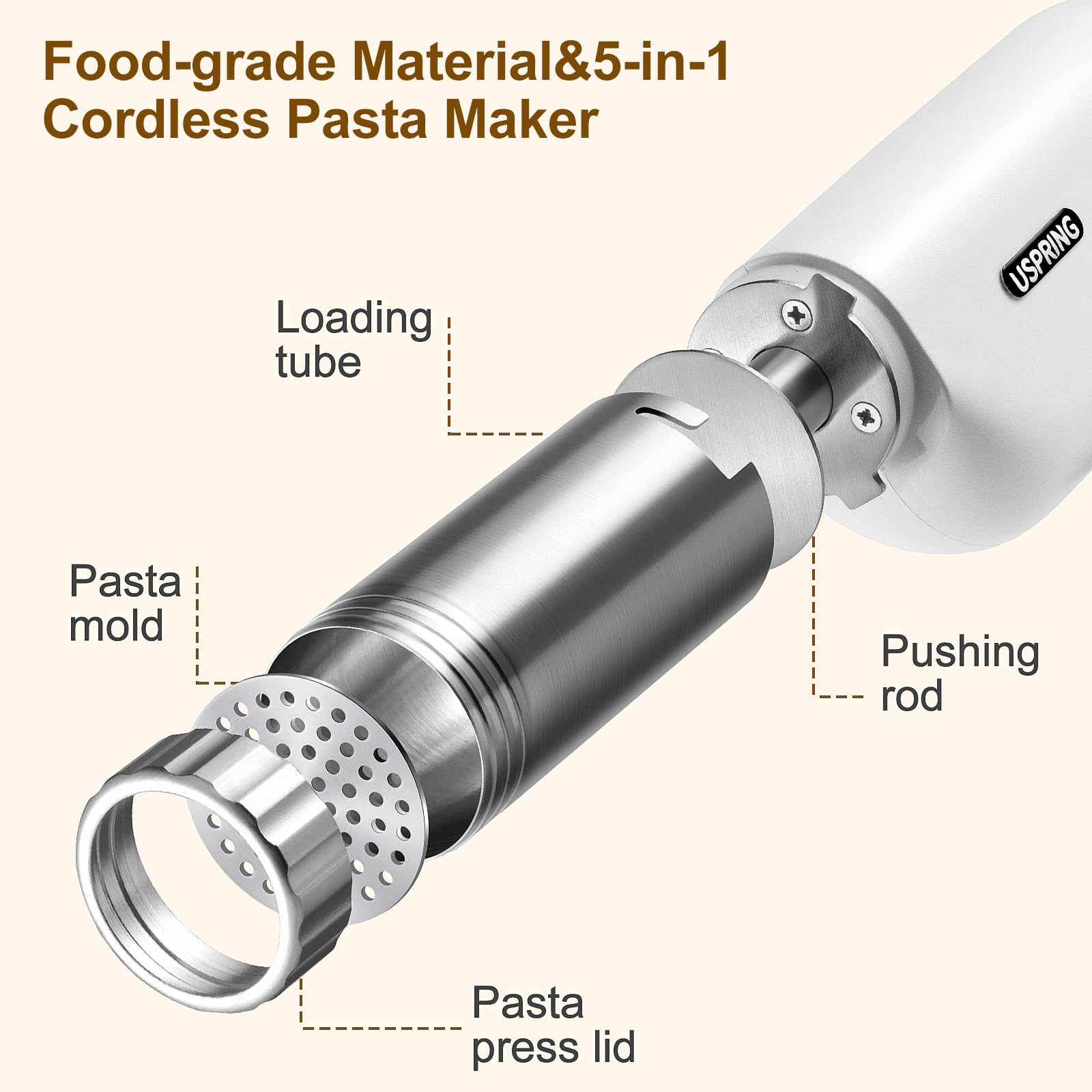 Uspring 5-in-1 Cordless Electric Pasta Maker Machine - Handheld Automatic Noodle Press with Dough Cutter for Homemade Spaghetti, Fettuccine & More - Portable Pasta Maker for Kitchen, Camping & Small Spaces (White)
