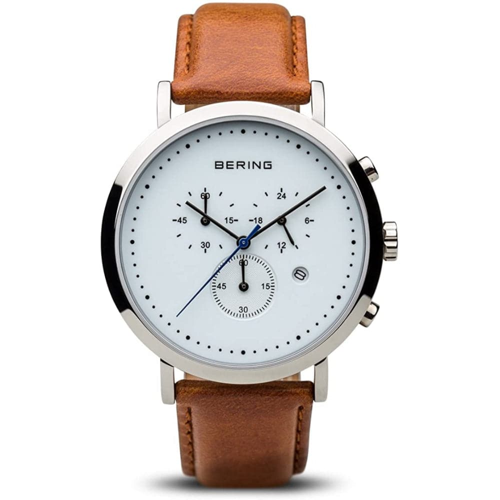 BERING 10540 504 Classic Chronograph Men's Watch - White Dial, Brown Leather Strap | Waterproof Dress Watch for Business, Formal & Casual Wear
