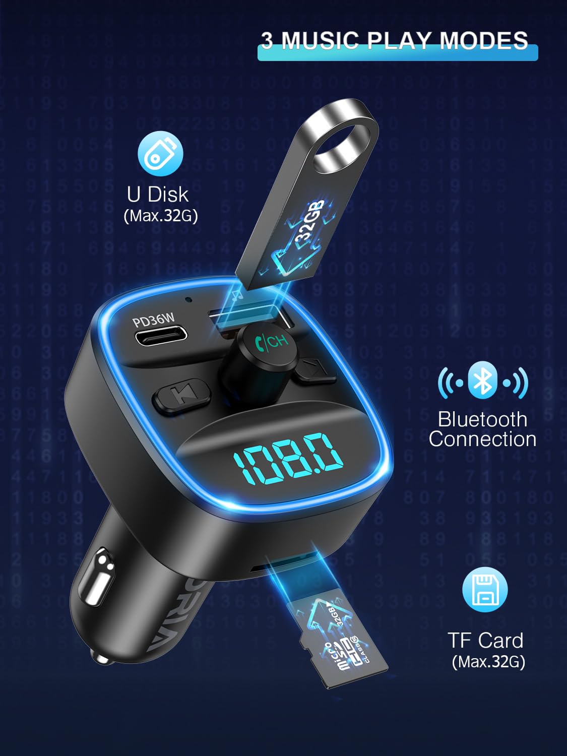 ORIA Bluetooth 5.3 Car Adapter with 36W PD Fast Charging - Wireless FM Transmitter for Car Audio, Hands-Free Calling, Supports TF Card & USB Drive | Perfect for Road Trips, Commuting & Music Lovers