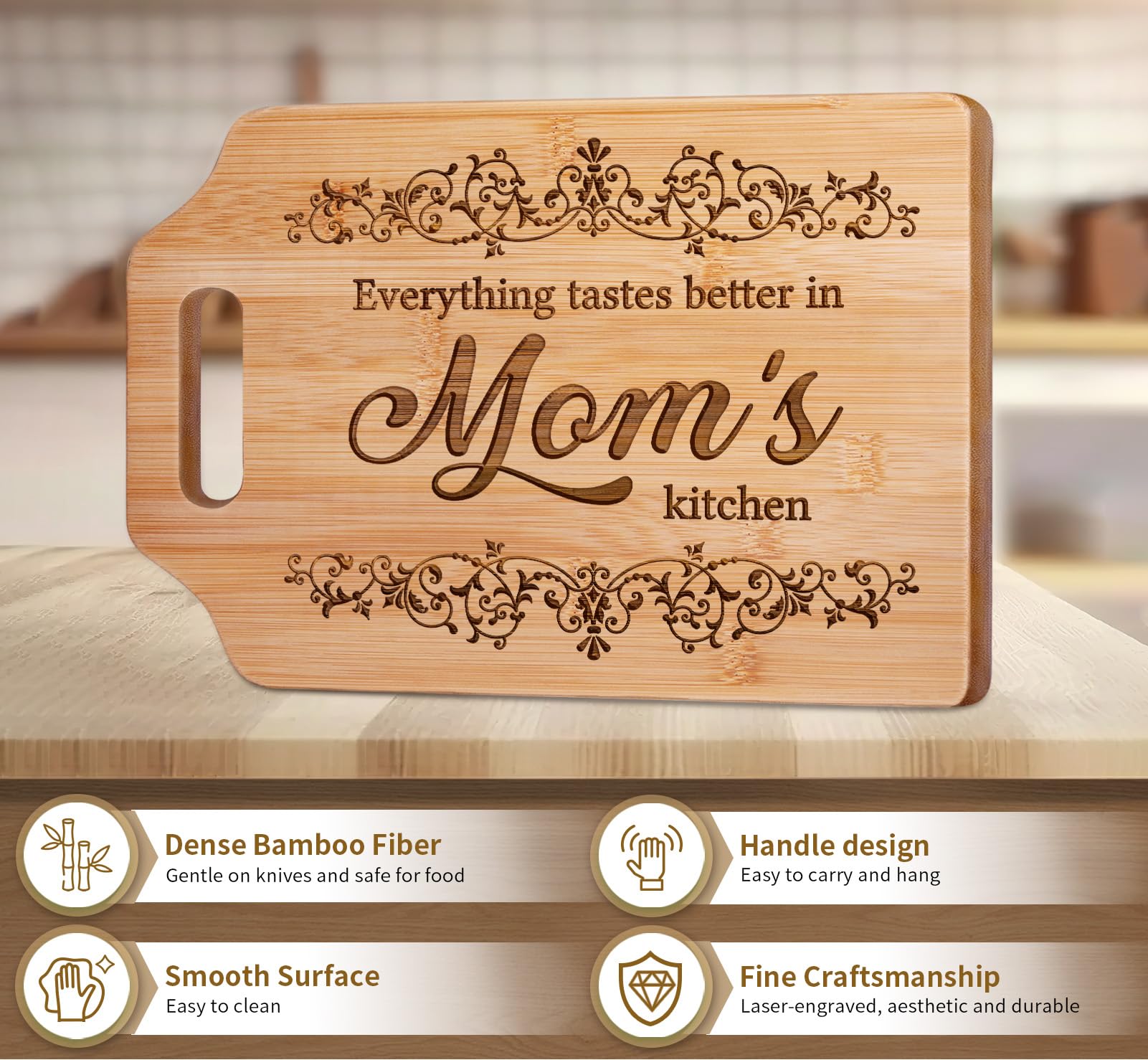 Personalized Engraved Bamboo Cutting Board for Mom - Mother's Day, Christmas & Birthday Gift from Daughter or Son - 12.3