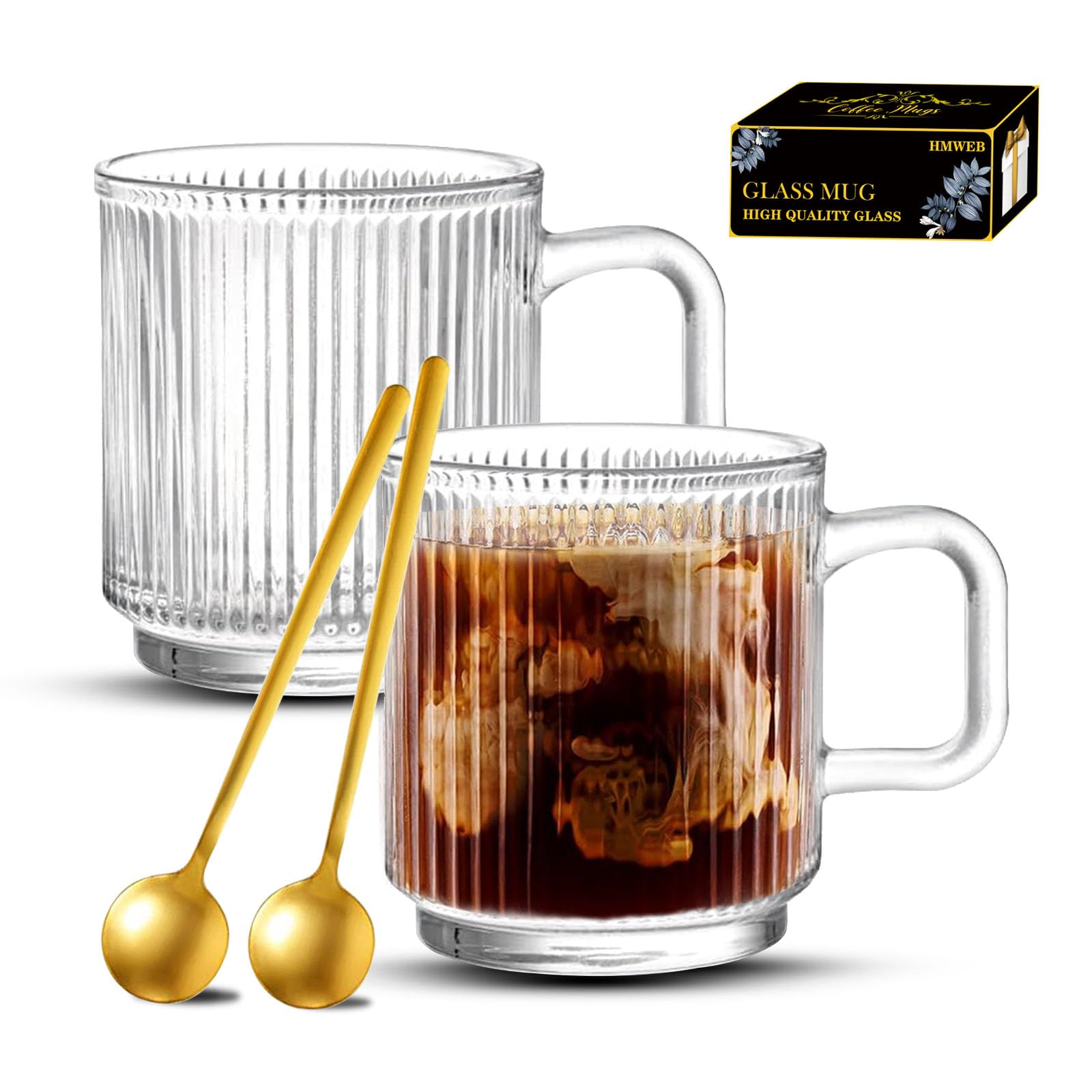 Premium 12 oz Glass Coffee Mug - Classic Vertical Stripes Espresso & Tea Cup - Clear Glass for Latte, Juice, Chocolate - Perfect for Home, Office & Gifts