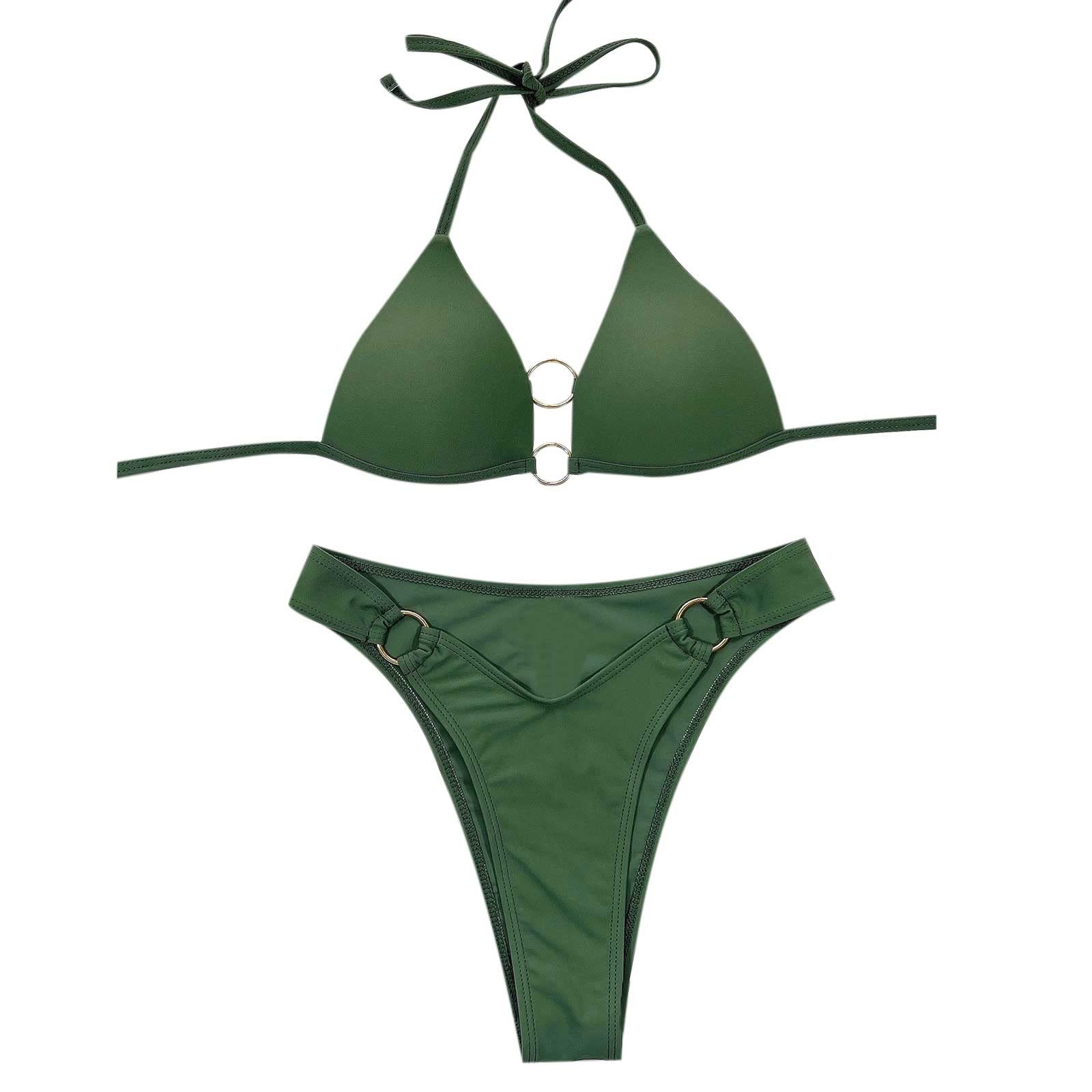 Sexy Women's Two Piece Bathing Suit - Thong Bikini Set with Backless Ring Linked Halter Bra Top | Beachwear & Pool Party Swimwear for Summer Vacations