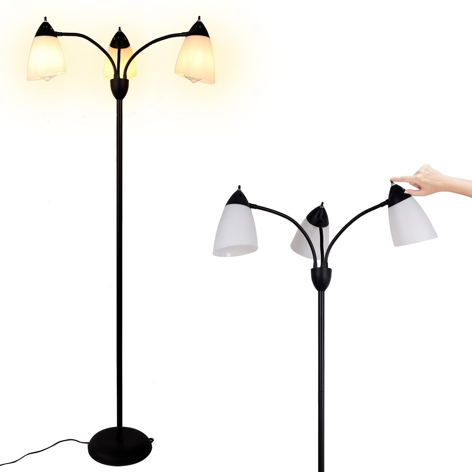 FIRVRE 3-Light Adjustable Gooseneck Floor Lamp - Modern Multi-Head Standing Lamp with White PVC Shades for Living Room, Bedroom, Study - Perfect for Reading, Working & Home Decor