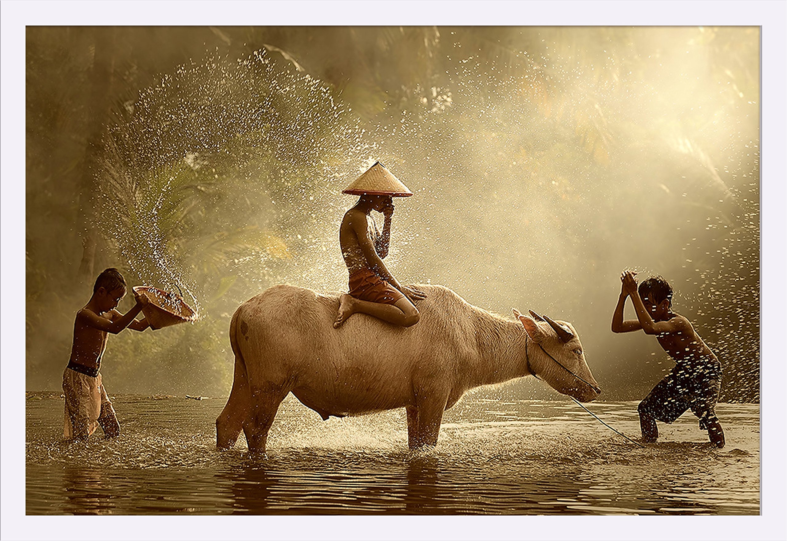 Kids Washing Water Buffalo 36x24 Giclee Art Print - Gallery Framed White Wood Wall Decor - Nursery, Kids Room & Playroom Decor - Perfect for Children's Bedroom or Classroom