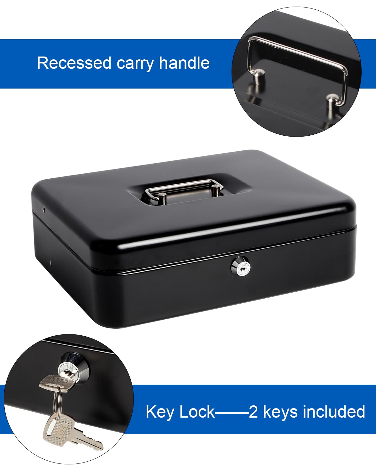 Large Metal Cash Box with Money Tray & Lock - 11.8 x 9.5 x 3.54 Inch Black Lockbox for Secure Money Storage - Perfect for Home, Office, Retail Stores & Small Business Cash Management