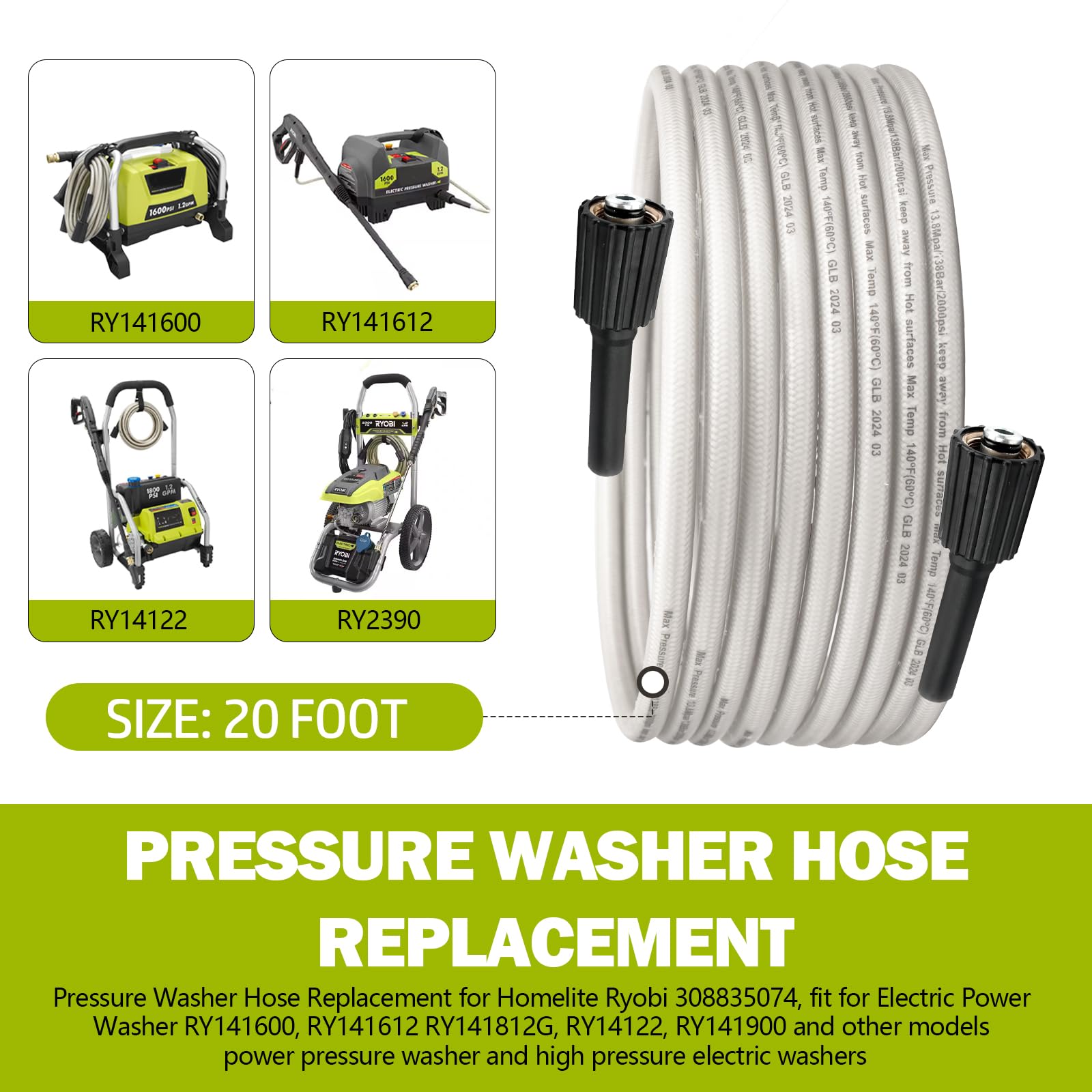 Ryobi Pressure Washer Hose Replacement - Compatible with RY141600, RY141612 & RY141812G Electric Power Washers | High Pressure Washer Hose for Outdoor Cleaning, Car Washing & Deck Maintenance