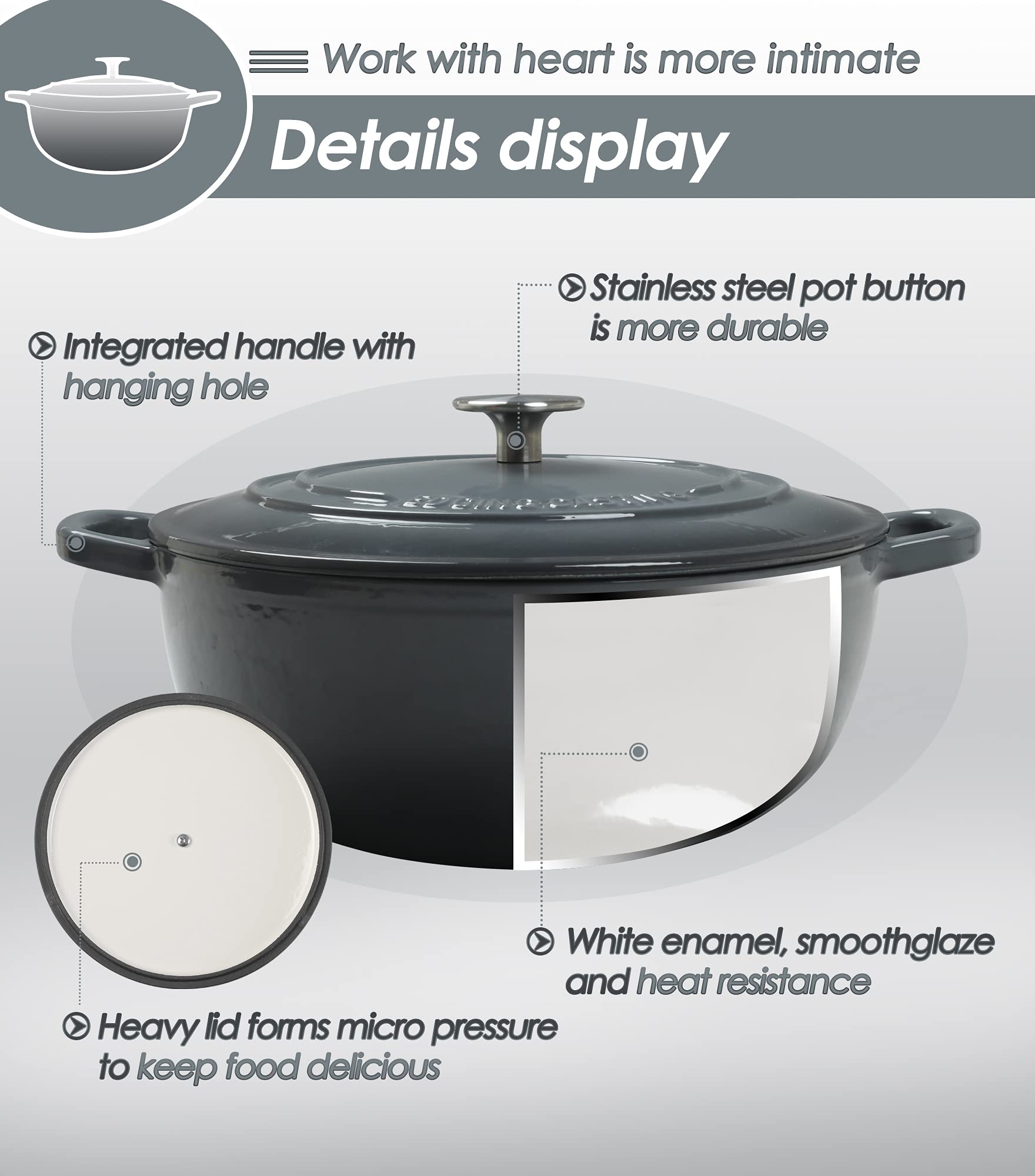 Premium Enameled Cast Iron Dutch Oven with Lid - 3.5 Quart Dual Handle Gray Cookware for Baking, Braising & Roasting - Oven & Stovetop Safe (Gas, Electric, Induction) - Perfect for Bread, Stews & Family Meals