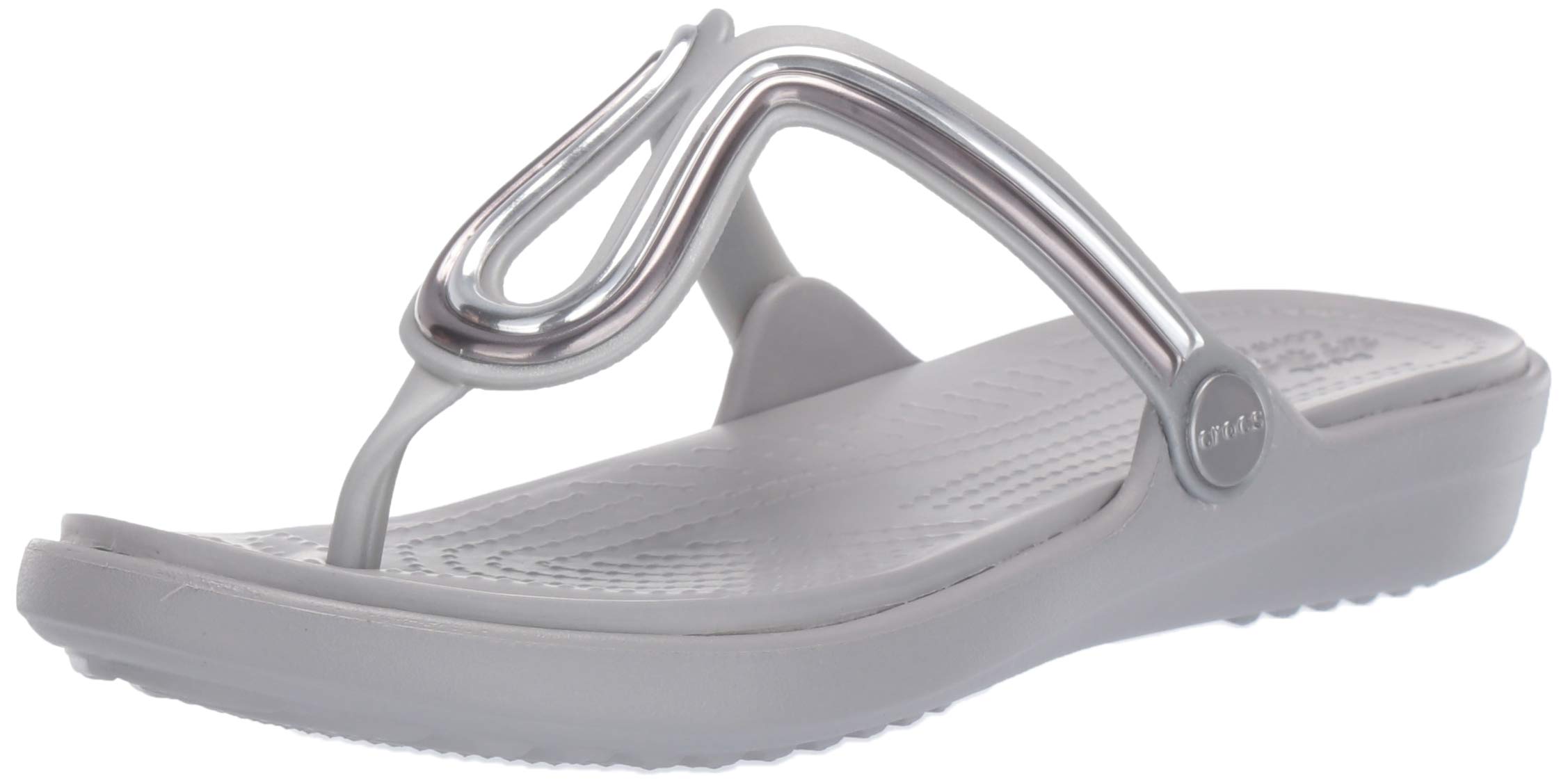 Crocs Women's Sanrah Metal Block Flat Flip Flops - Comfortable Summer Sandals for Beach, Pool, and Casual Wear