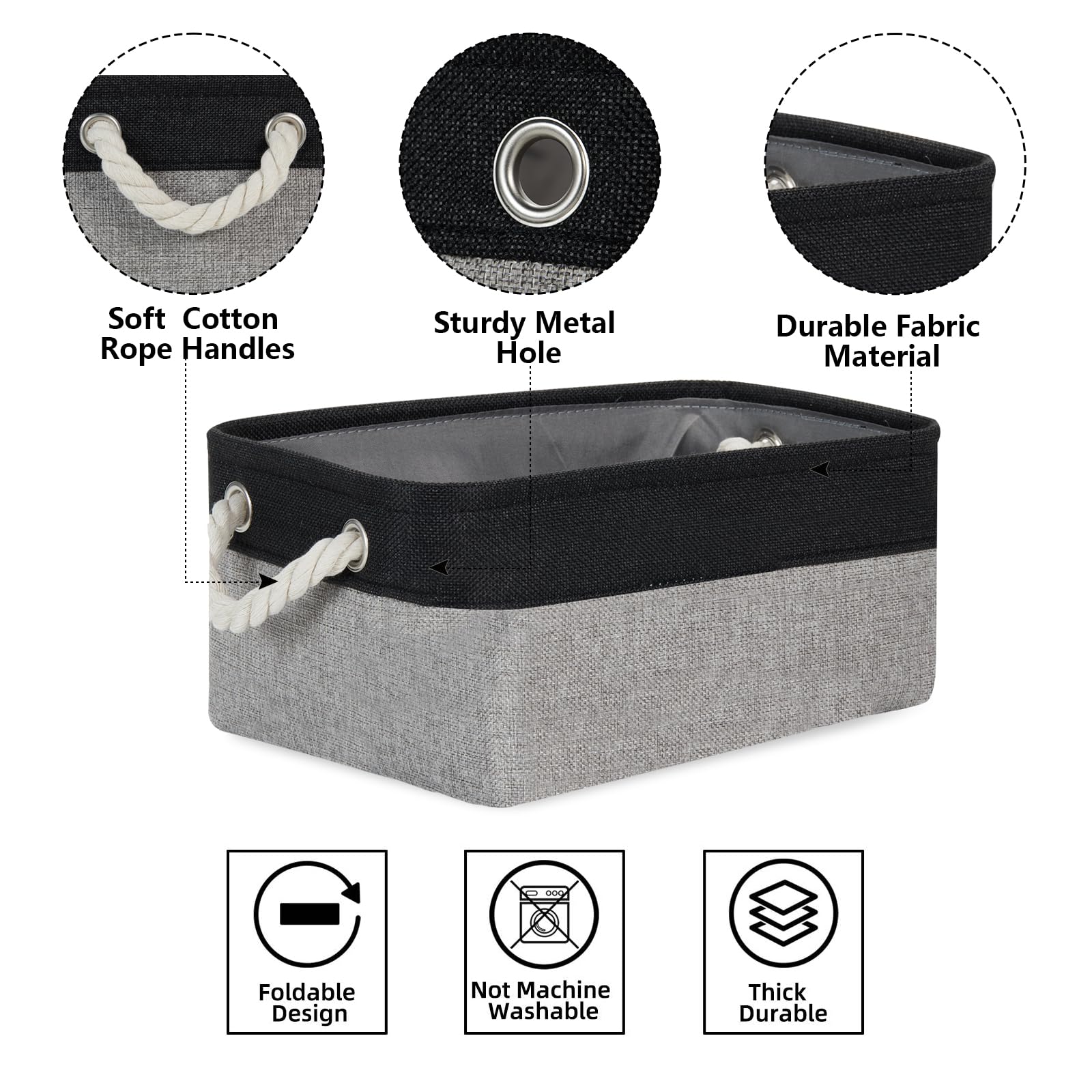 Bidtakay 6 Pack Small Collapsible Storage Baskets - 11.8 x 7.8 x 5 Inch Fabric Canvas Organizer Bins with Handles, Decorative Square Storage Containers for Cabinet, Shelf, Closet Organization (Black & Grey) | Perfect for Bedroom, Bathroom, Nursery & Office Storage Solutions