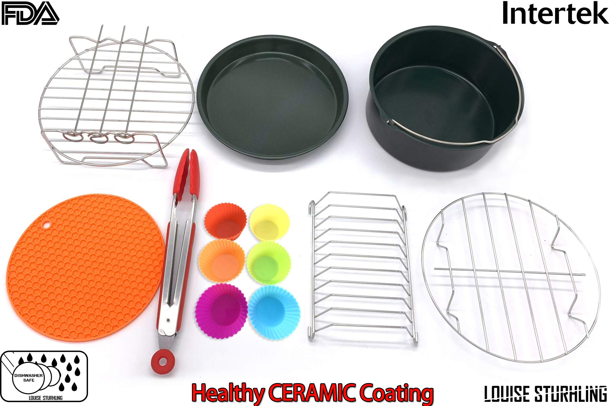8-Piece Healthy Ceramic Air Fryer Accessories Set - XL BPA-Free & Teflon-Free, Dishwasher Safe - Compatible with 3.7-6.0 Quart Air Fryers & Pressure Cookers - Perfect for Healthy Cooking, Meal Prep & Family Dinners