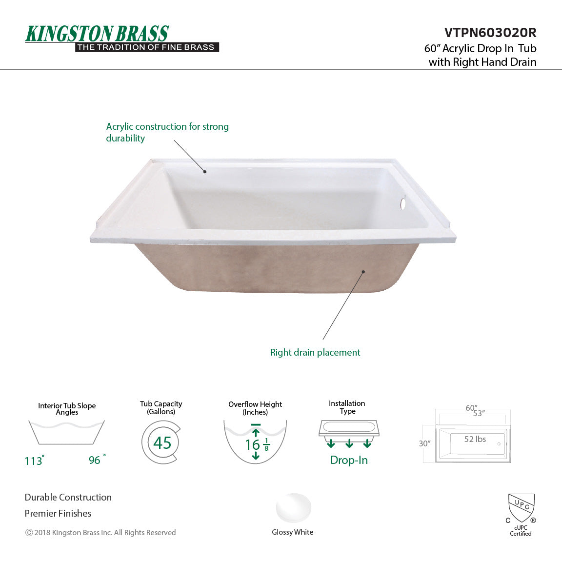 Aqua Eden 60 Inch Acrylic Rectangular Drop-In Bathtub - Right Hand Drain, Glossy White - Perfect for Modern Bathroom Renovations & Spa-Like Relaxation