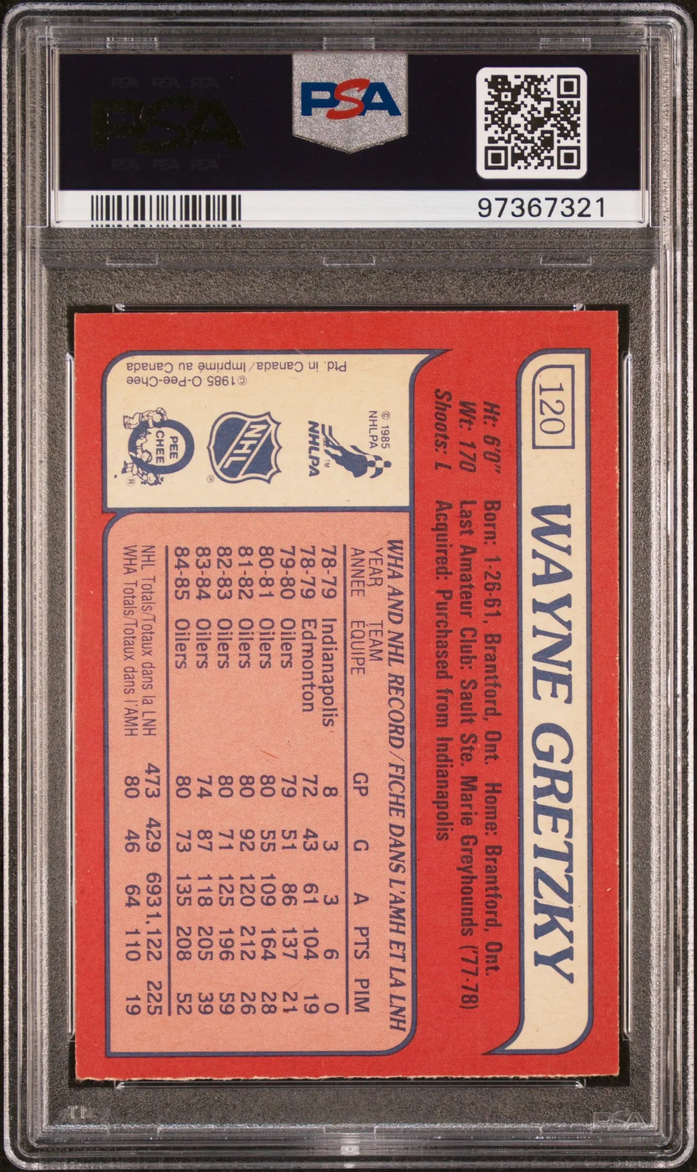 1985 O-Pee-Chee Hockey Wayne Gretzky #120 PSA 7 Graded Card - NHL Collectible for Sports Memorabilia Display & Investment