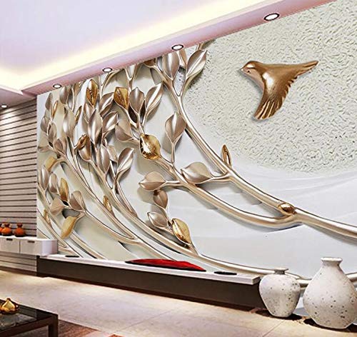 3D Golden Branch Bird Wallpaper Decal - Self-Adhesive Removable Vinyl Wall Mural (205