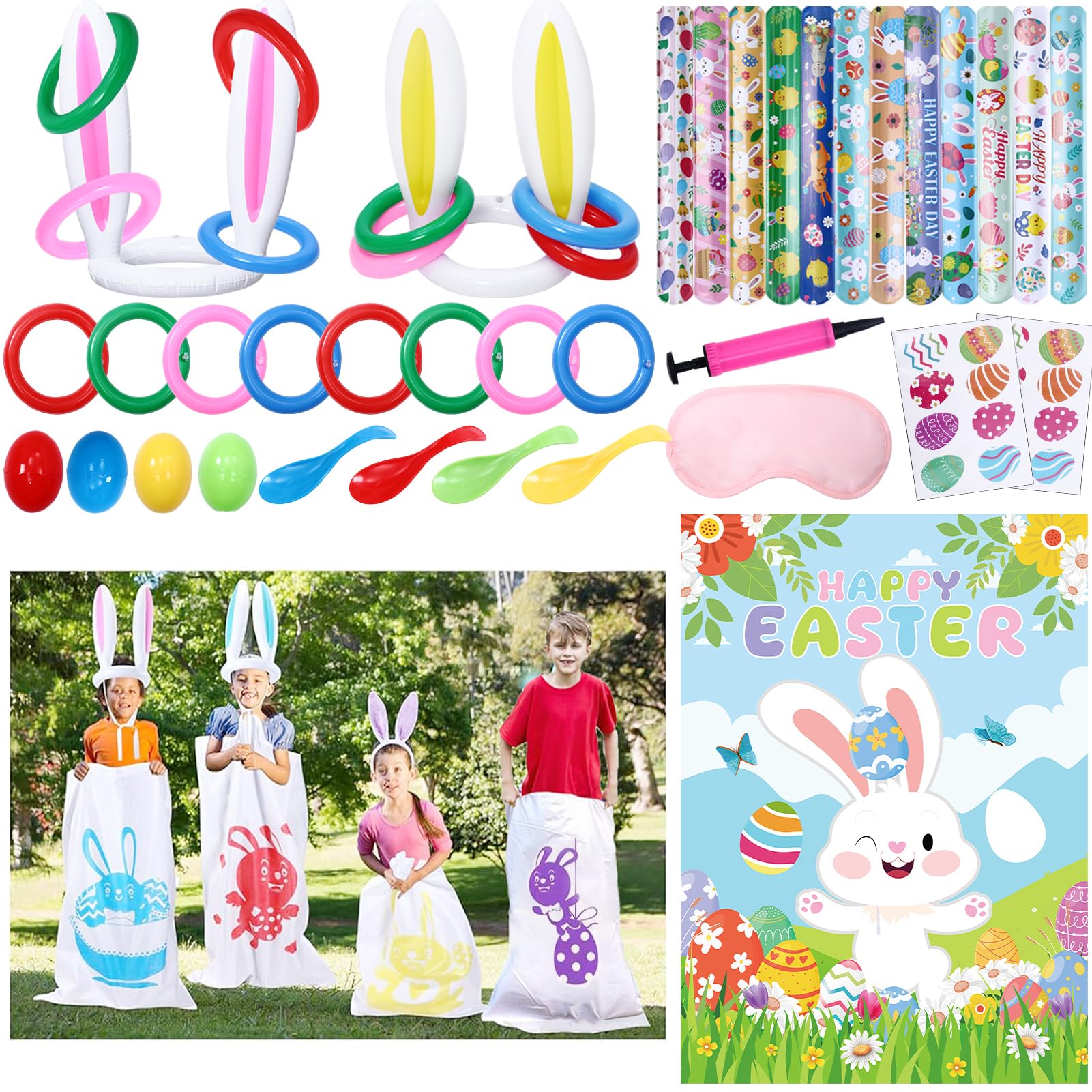 26pcs Easter Party Games for Kids - Outdoor Potato Sack Race Bags, Inflatable Bunny Ears, Ring Toss, Egg & Spoon Race, Pin The Tail on The Bunny - Fun Easter Activities for Family Gatherings & School Events