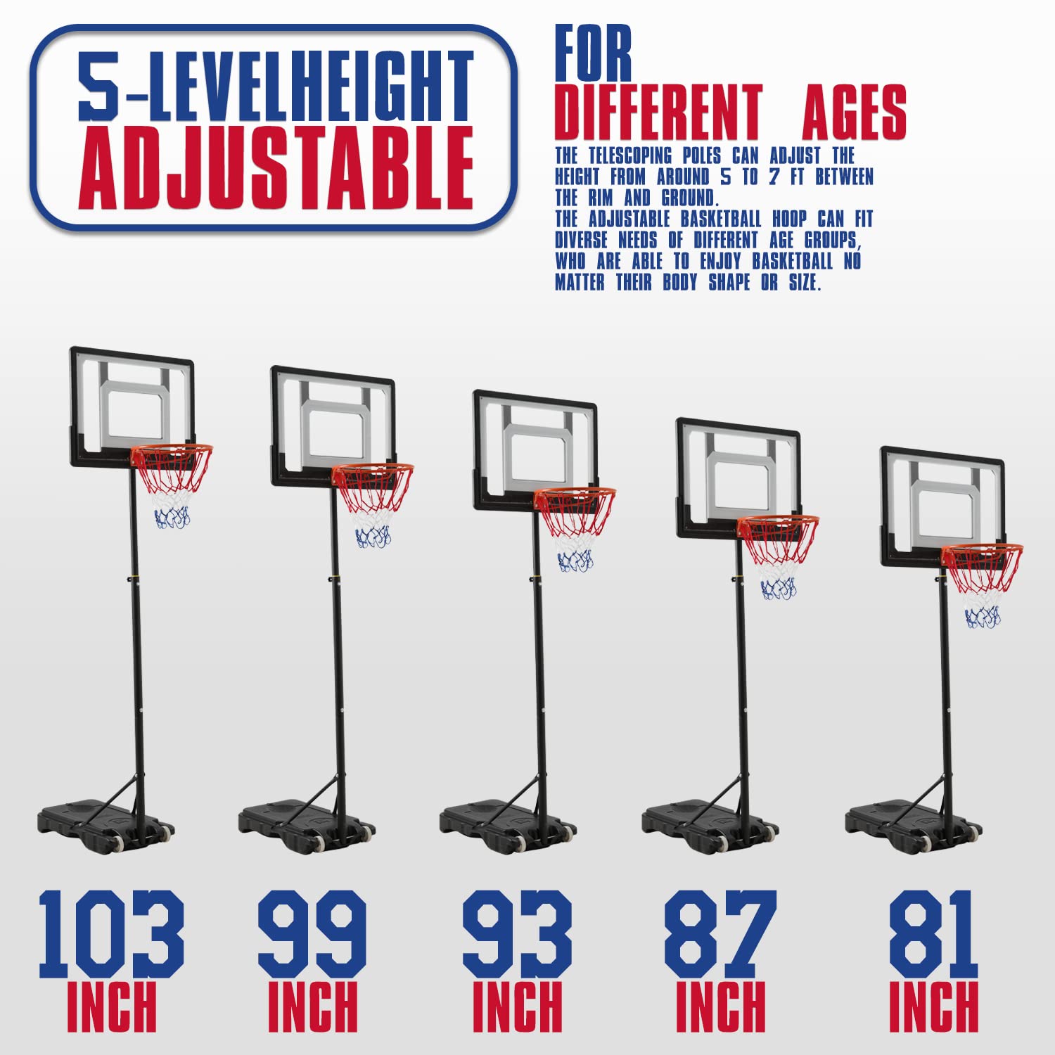 MoNiBloom Adjustable Height Portable Basketball Hoop with Backboard - 44