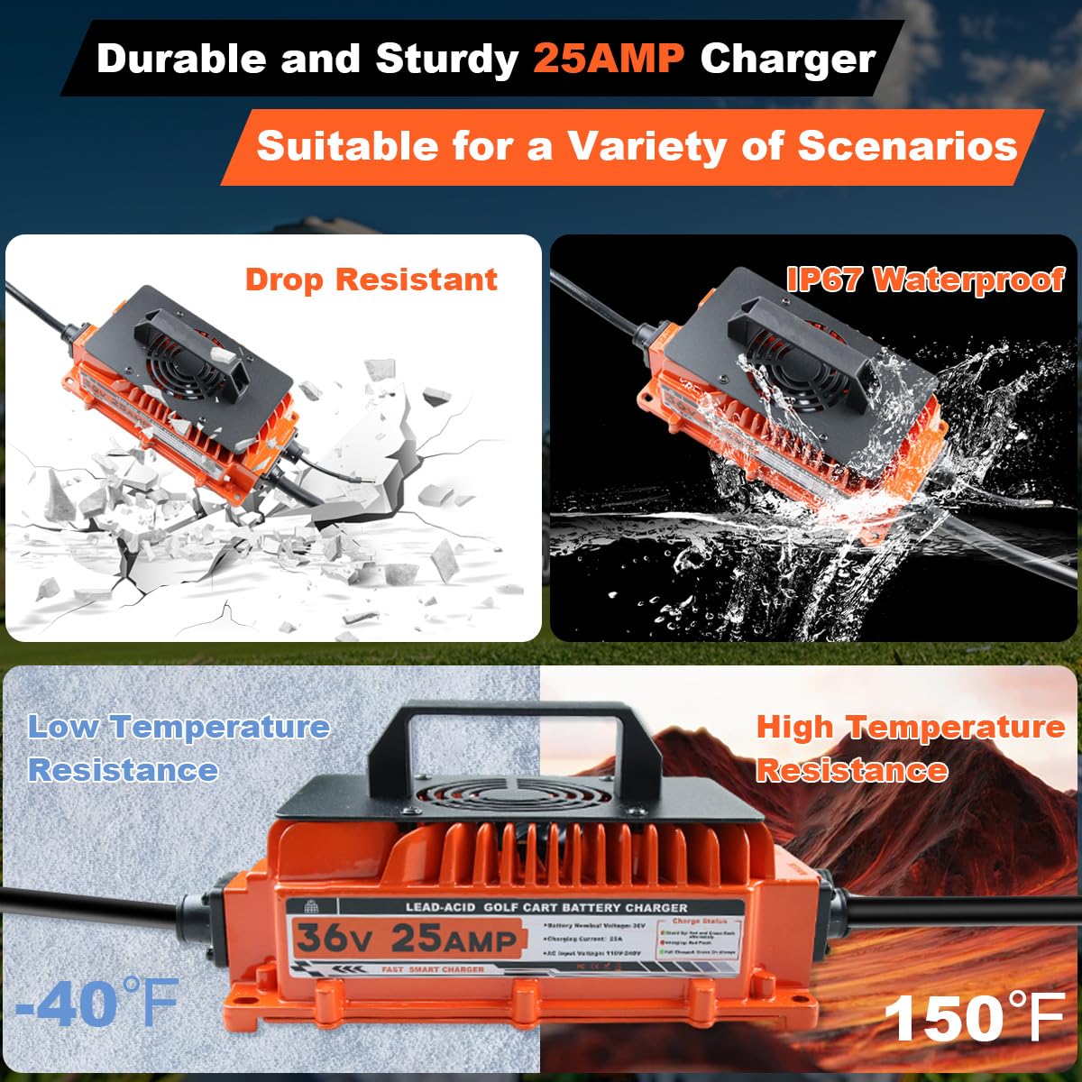 25 AMP 36 Volt Golf Cart Battery Charger for EZGO TXT 36V - 1250W Lead-Acid Charger with 2-Pin D Style Plug | Fast Charging for Golf Carts, Electric Vehicles & Outdoor Power Equipment