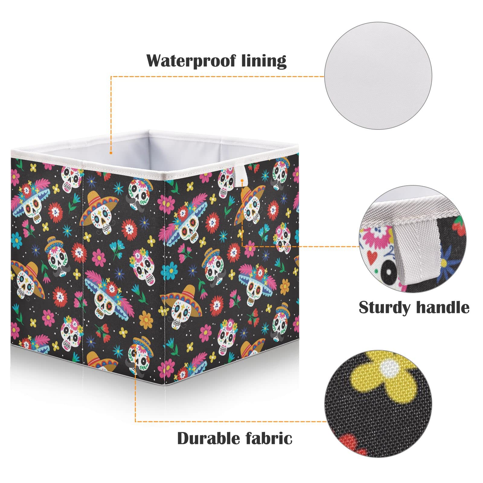 Day of the Dead Sugar Skull Halloween Storage Baskets - Foldable Collapsible Storage Box with Waterproof Fabric (11 x 11 Inch) - Perfect for Shelves, Pantry, Bathroom, Nursery & Toy Closet Organization