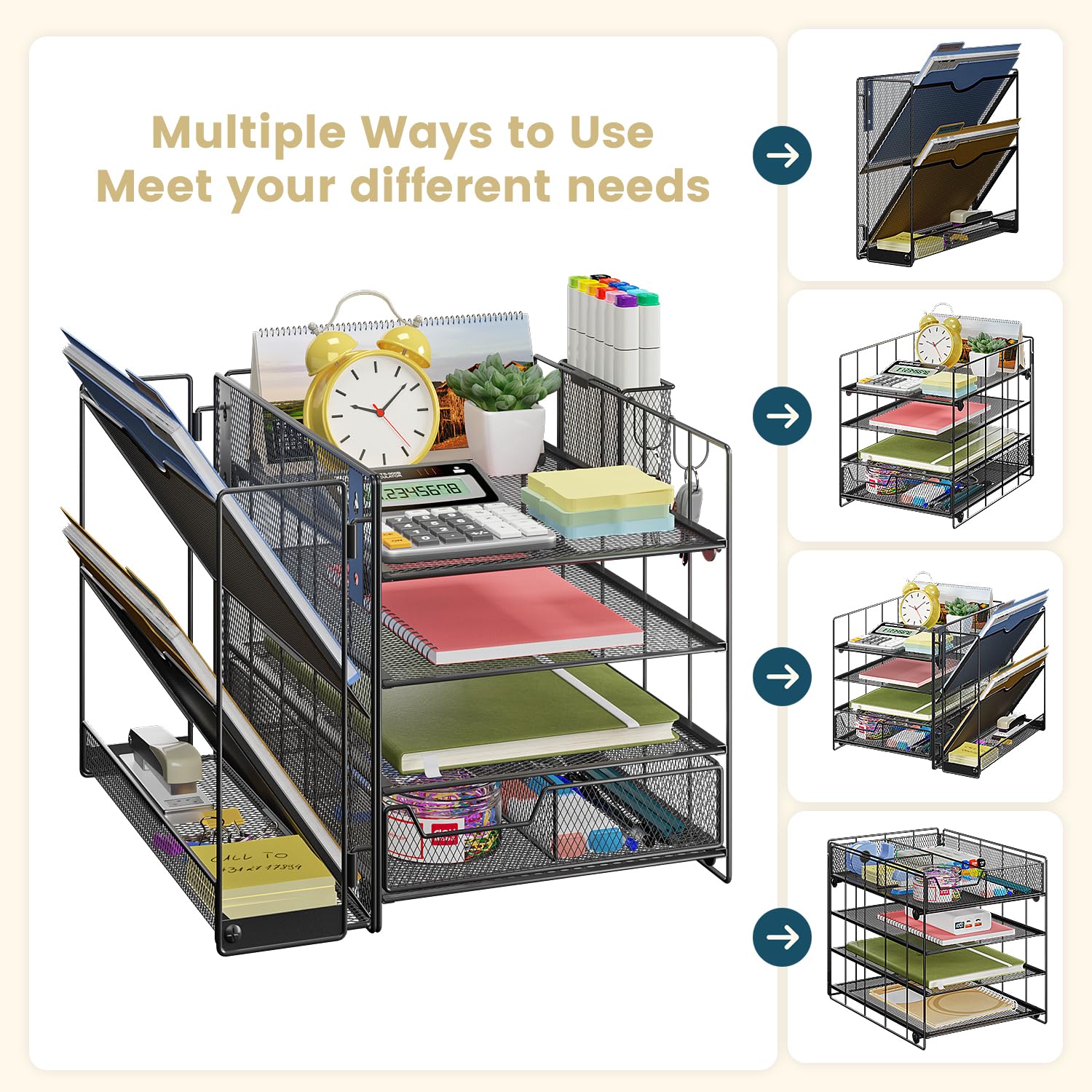 Wattne 4-Tier Mesh Desk Organizer with File Holder, Drawer & Pen Holder - Office Paper Letter Tray, Magazine Rack for Home & Workspace Supplies | Perfect for Organizing Documents, Stationery & Office Essentials