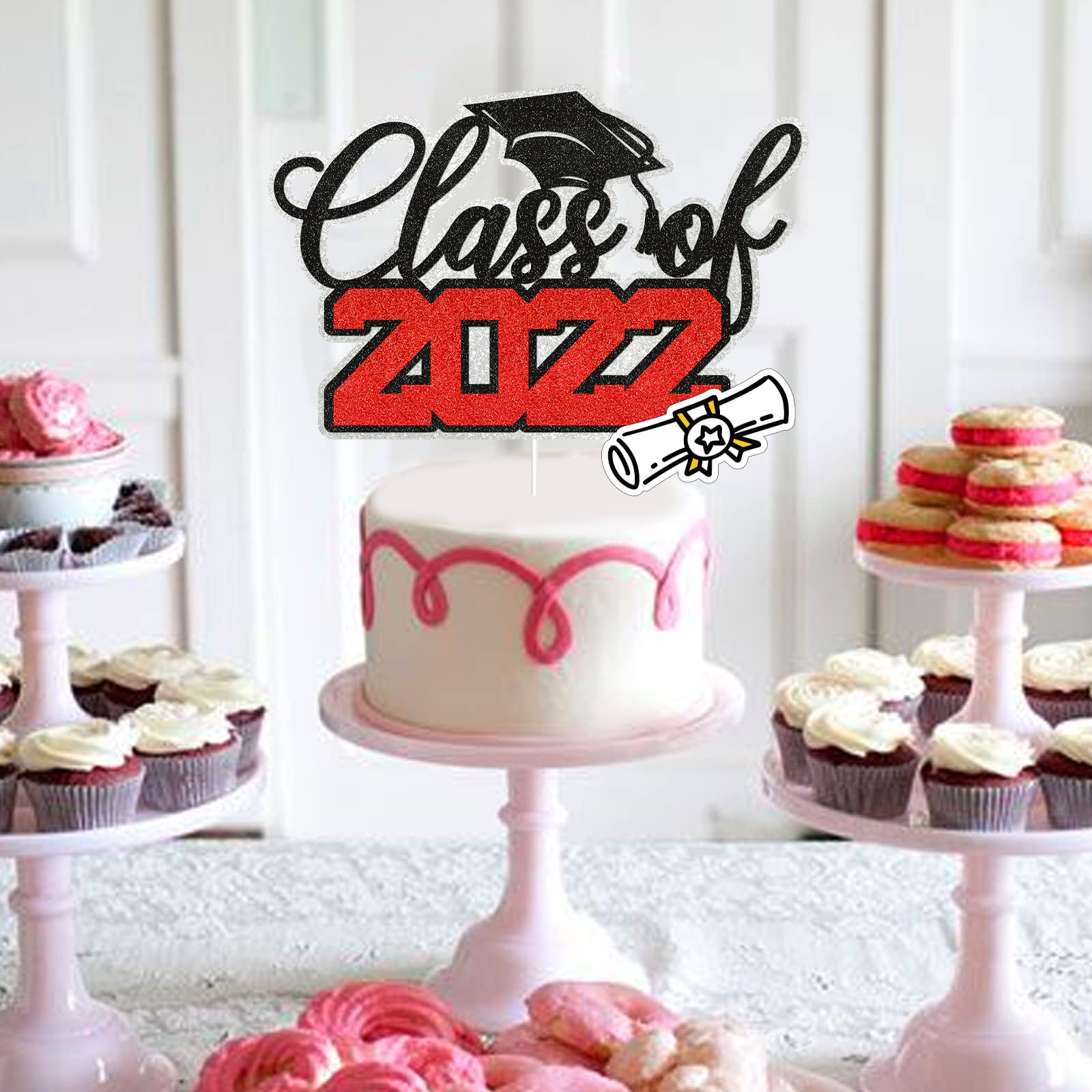 Class of 2022 Graduation Cake Topper - Gold & Black Graduation Cap Cake Decorations for High School & College Grad Parties - Perfect for Graduation Cakes, Cupcakes and Dessert Tables