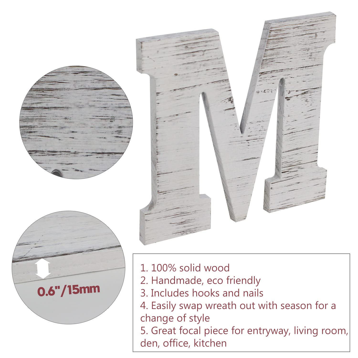 9.8 Inch Rustic Wooden Home Sign with Artificial Wreath - Wall Decor Letters H, M, E, O for Living Room, Front Door & Dining Room - White Farmhouse Style Home Decor Perfect for Housewarming Gifts & Cozy Interior Design