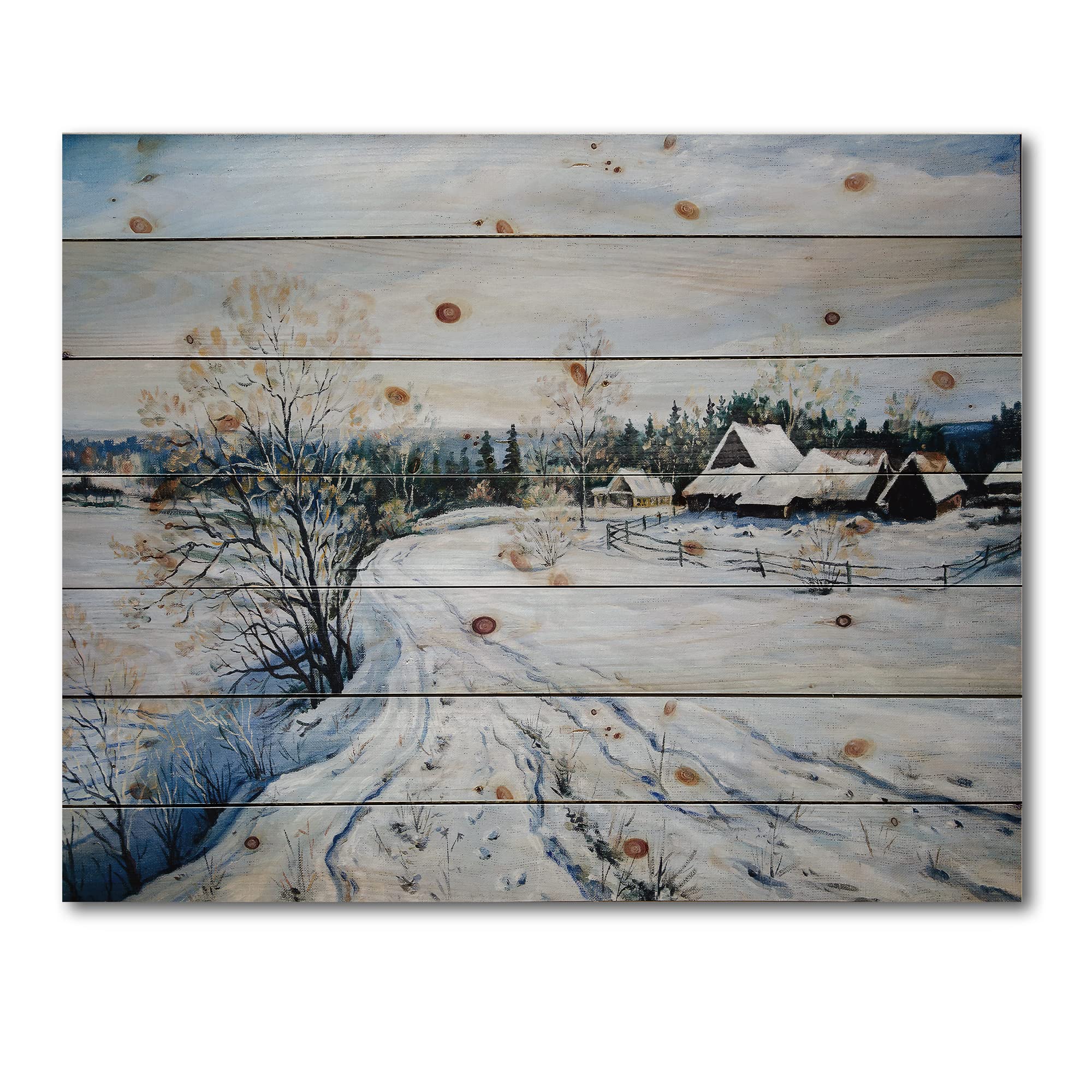 Country Road in Winter II - Traditional Wood Wall Art Decor, Large Landscape Pine Wood Panel Print, White Wooden Wall Hanging for Living Room, Bedroom & Office