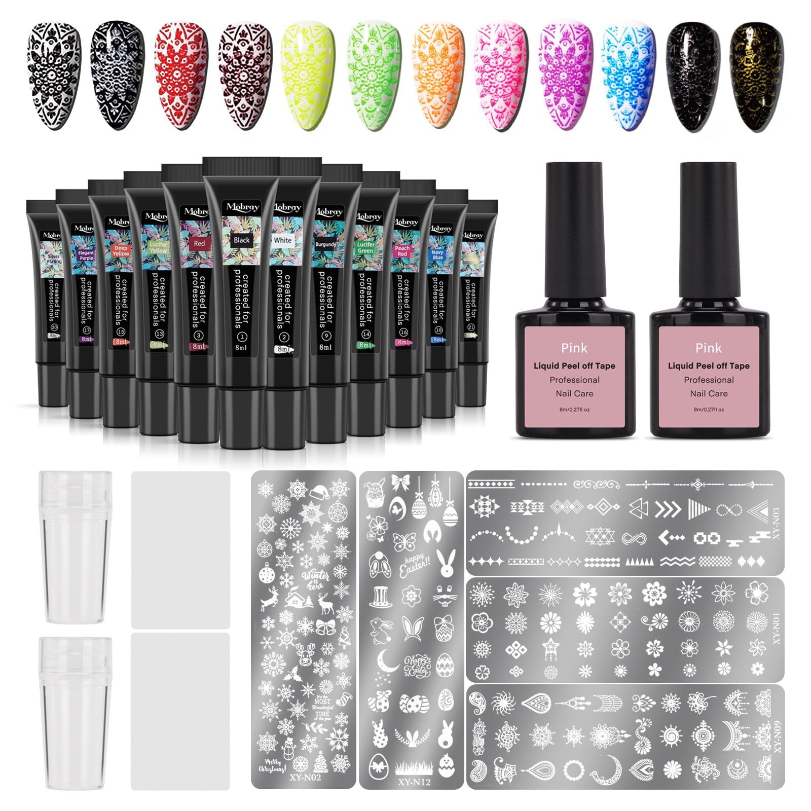 12 Colors Nail Stamping Kit with 5 Templates & French Stampers - Professional Nail Art Design Set for DIY Manicure at Home, Salon or Party