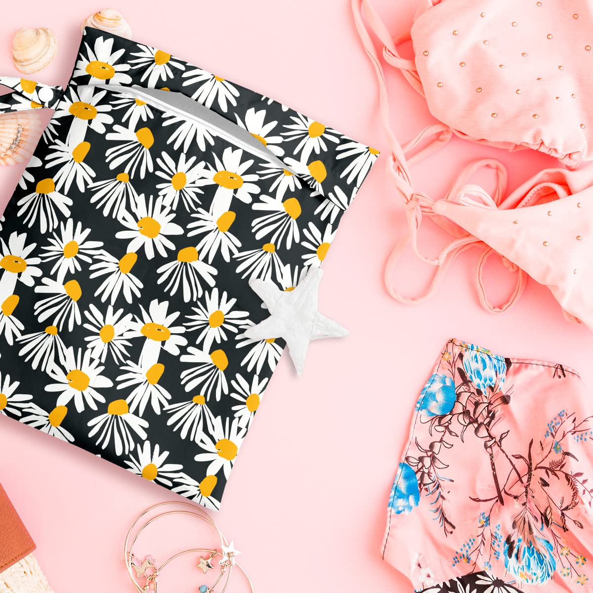 Waterproof Reusable Wet Dry Bag for Swimsuits, Travel, Beach & Pool - Cute Daisy Floral Design for Diapers, Gym Clothes & Toiletries | Perfect for Yoga, Baby Care & Outdoor Activities