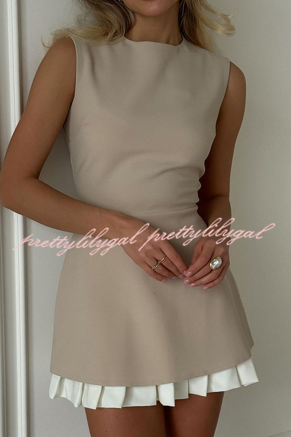 Stylish Round Neck Sleeveless Patchwork Pleated Hem Mini Dress for Women - Summer Casual Party Wear, Beach Vacation Outfit, Date Night Dress