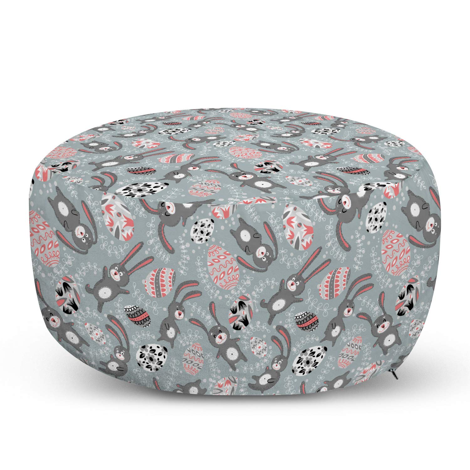Ambesonne Easter Ottoman Pouf - Funny Bunny Print Footrest with Removable Cover, Soft Decorative Pouf for Living Room & Bedroom - Blue Grey Coral Black - Perfect for Spring Decor, Easter Gifts & Cozy Home Accents