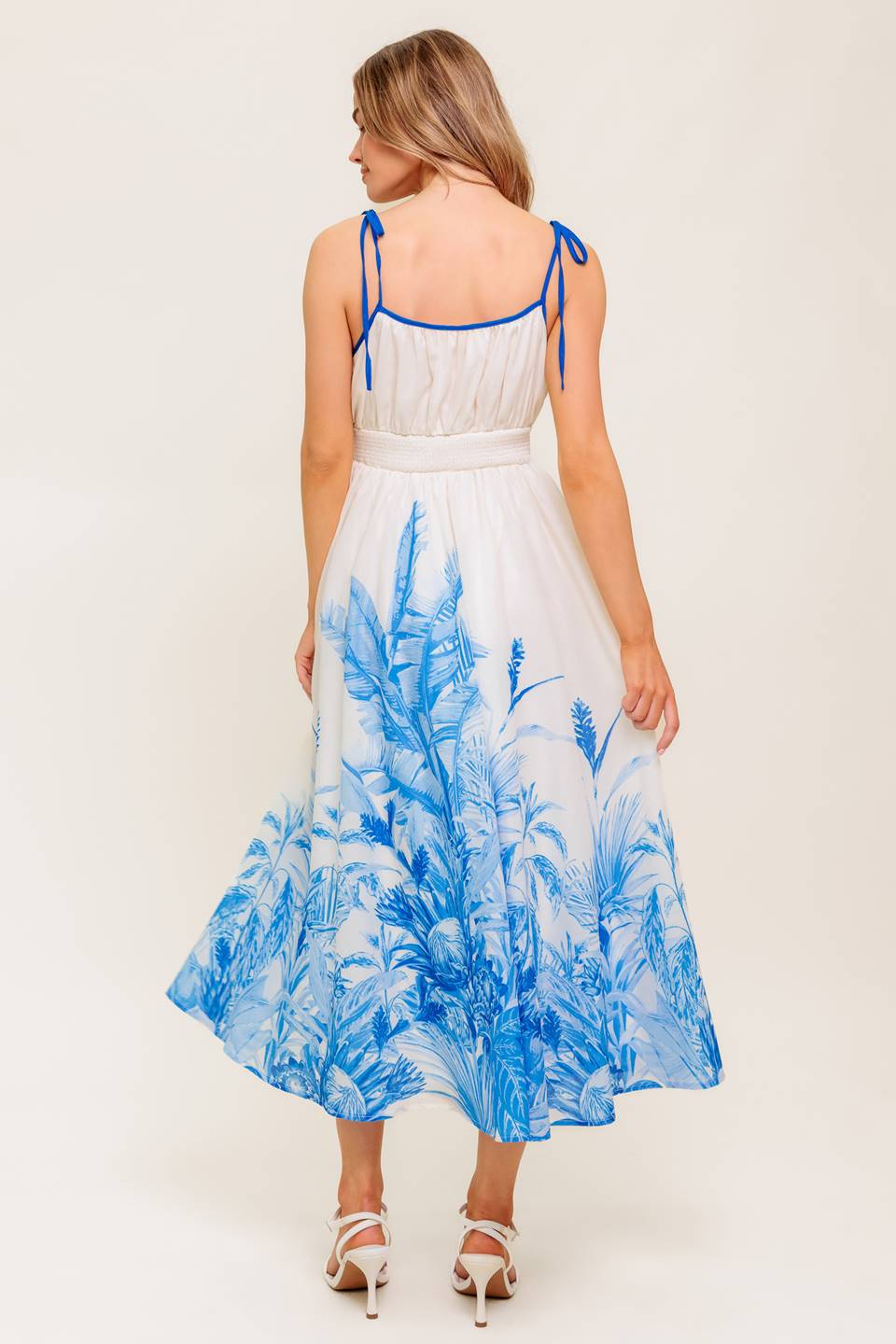 GARDENIA BLUE MIDI DRESS - Ivory & Blue Floral Print Summer Dress for Women, Perfect for Beach Vacation, Garden Party and Casual Outings