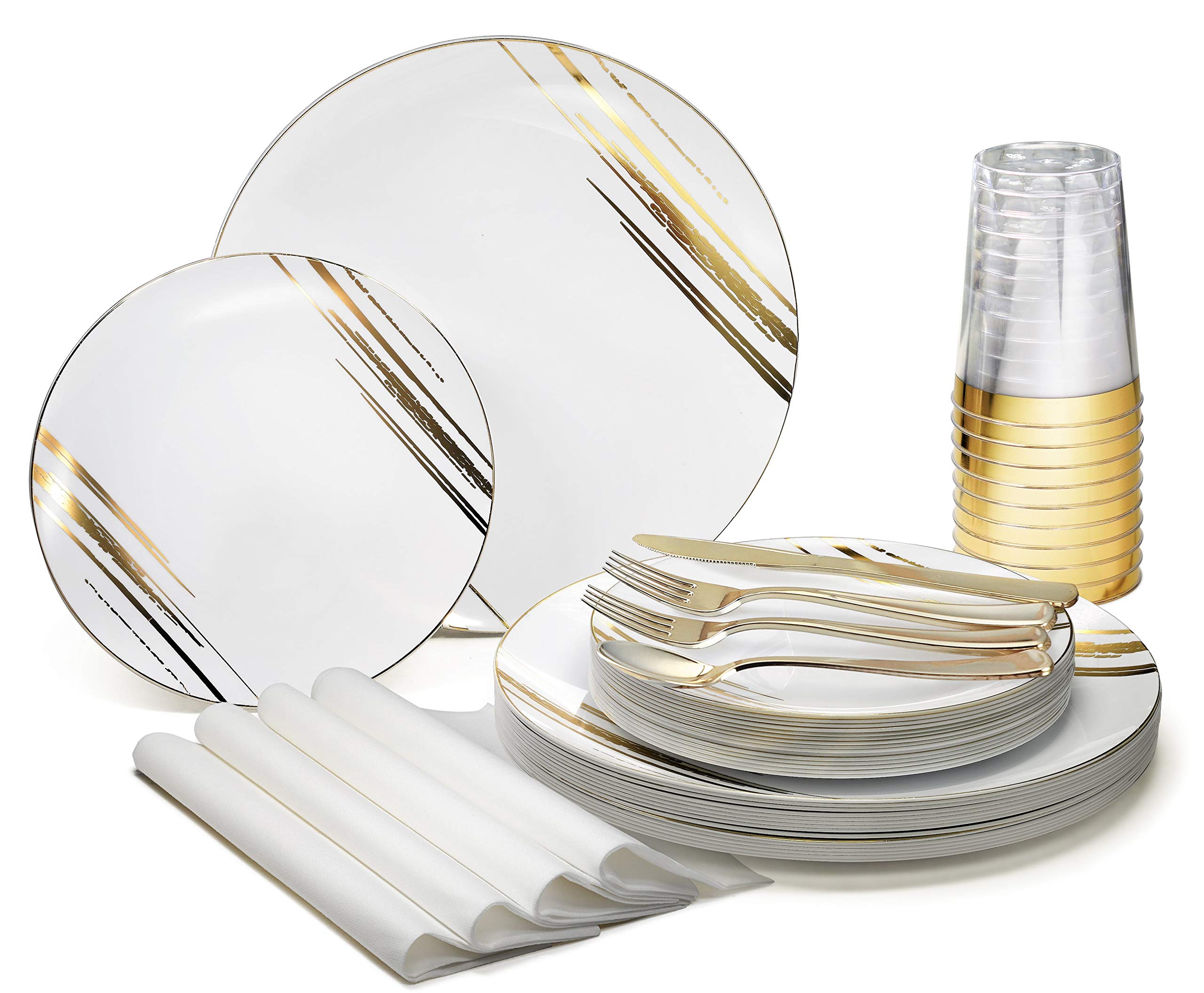 640-Piece Disposable Plastic Plate Set for 80 Guests - 10.25'' & 7.5'' Plates, Silverware, Cups & Napkins - Elegant White & Gold Wedding Party Tableware - Perfect for Weddings, Bridal Showers & Large Events