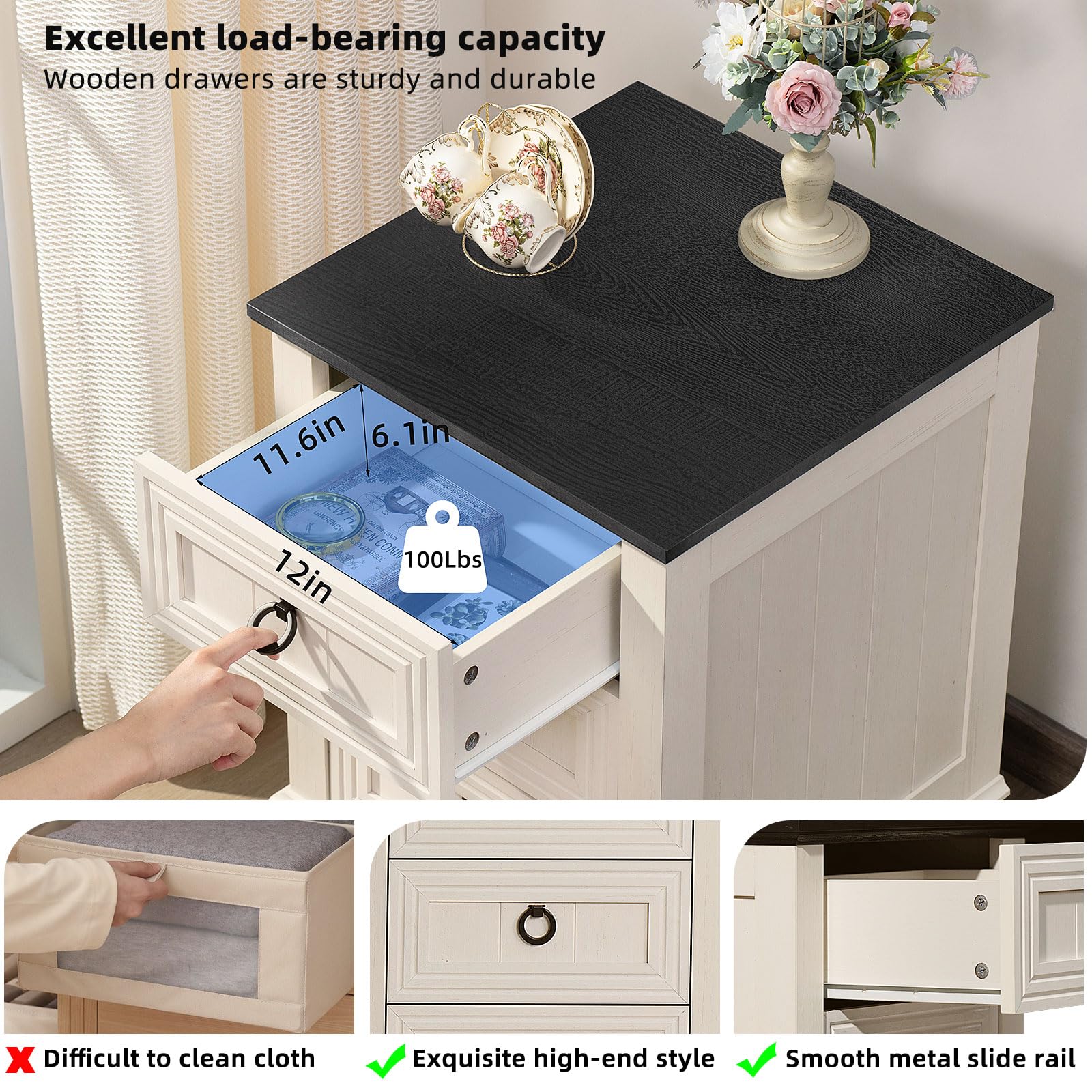Farmhouse Style 2-Piece Nightstand Set with 6-Drawer Dresser - 54 Inch Wide Wooden Dresser & 18