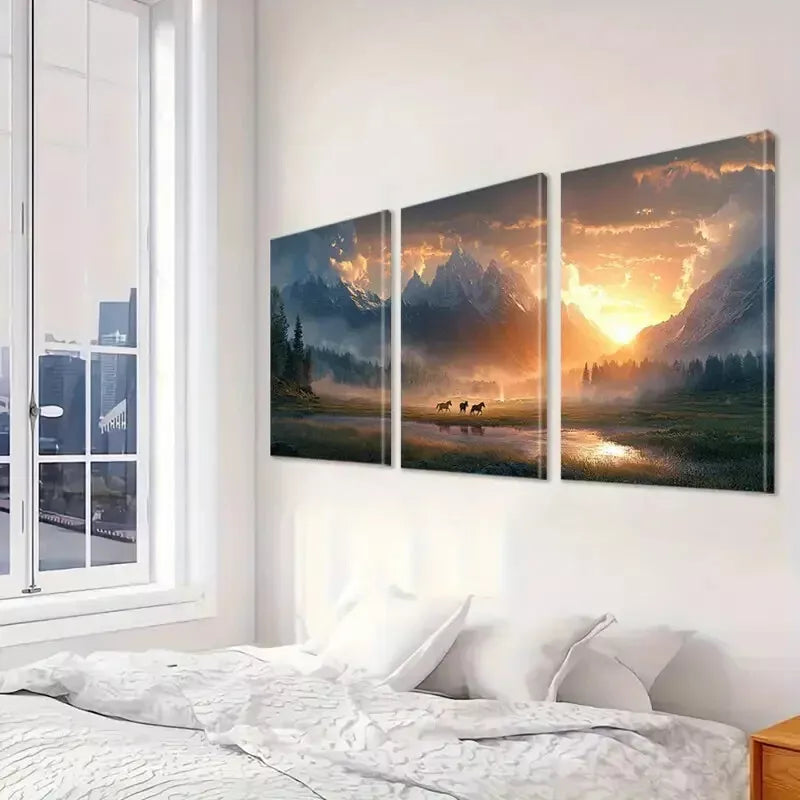 3-Piece Aesthetic Running Horses and Sunset Art Set - Framed Canvas Wall Decor 50x70cm - High Quality Print - 100% Australian Made - Ready to Hang - Perfect for Living Room, Bedroom or Office Decor