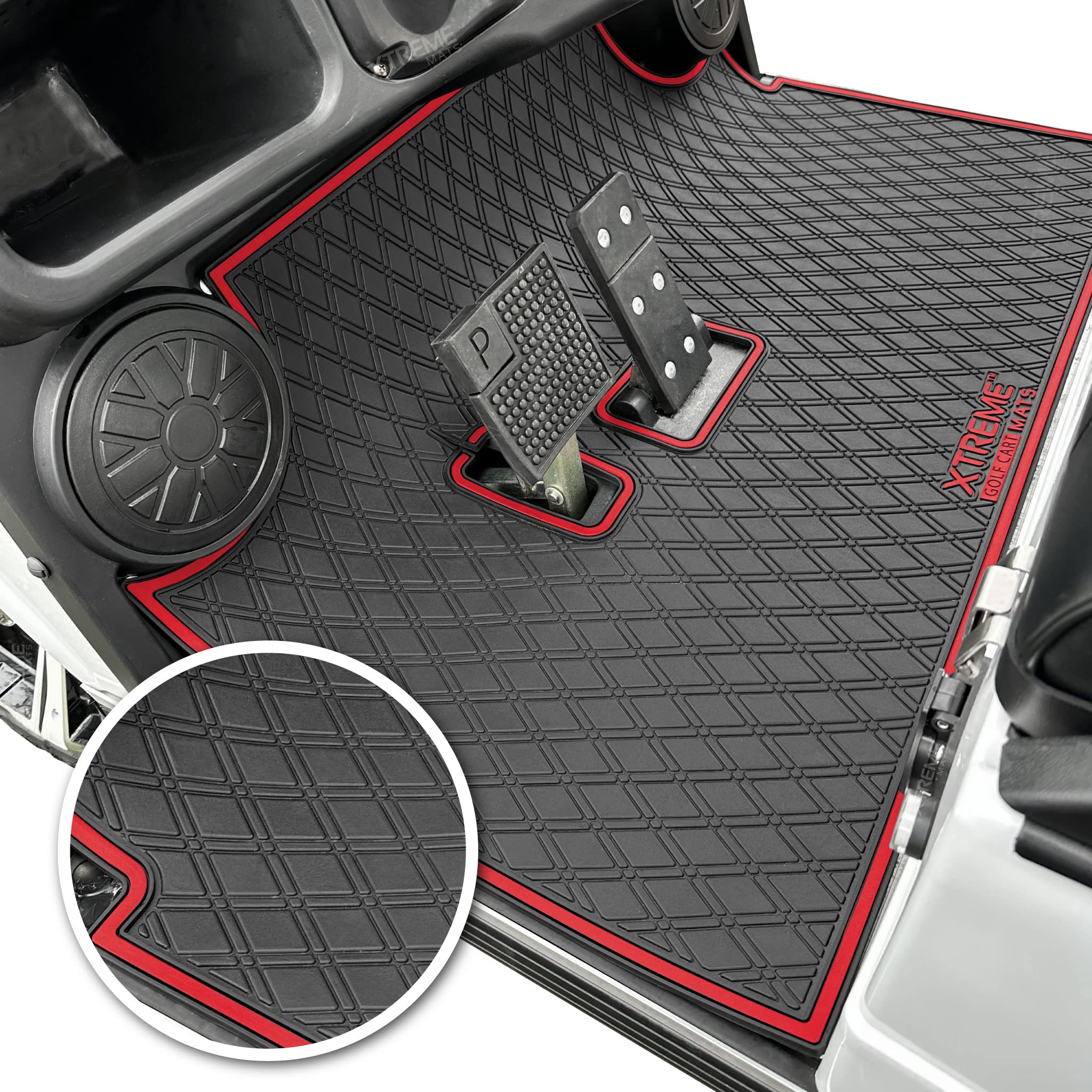 Xtreme Mats Evolution Golf Cart Floor Mat - Full Coverage Liner Protects OEM Flooring - Fits Evolution Classic Plus/Classic Pro/Forester/Turfman Carts (2022 & Older) - Red Trim - Perfect for Golf Courses, Resorts & Outdoor Adventures