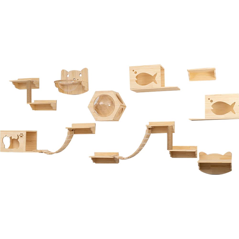 17-Piece Wall-Mounted Wooden Cat Climbing Set with 2 Space Capsule Beds, 3 Condos, 8 Shelves, 2 Bridges & Sisal Scratching Posts - Multi-Level Cat Activity Furniture for Indoor Play & Exercise