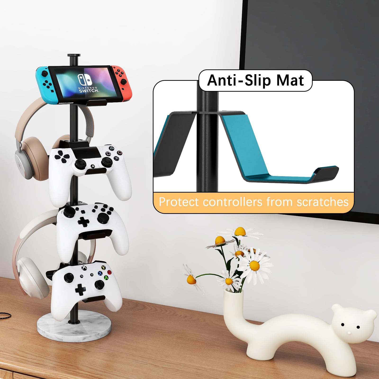 4-Tier Marble Base Controller Stand with Cable Organizer - Universal Holder for Nintendo Switch Pro & All Controllers - Perfect for Gaming Setup & Organized Playstation/Xbox Accessories Storage