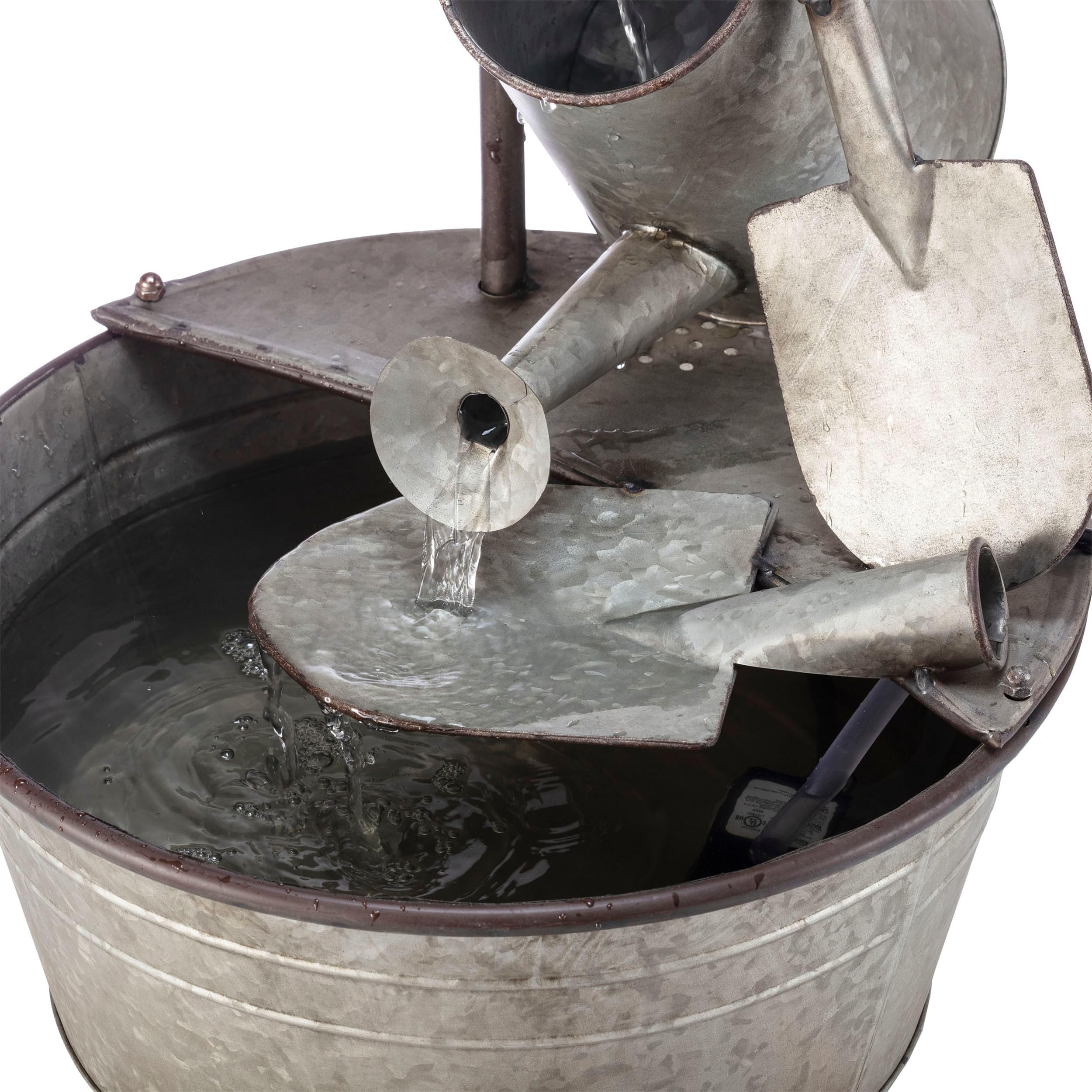 Alpine Corporation YHL106 3-Tiered Metal Outdoor Water Fountain with Garden Tools & Faucet Waterfall - 28 Inch Gray Patio Decor for Garden, Yard, and Backyard Relaxation
