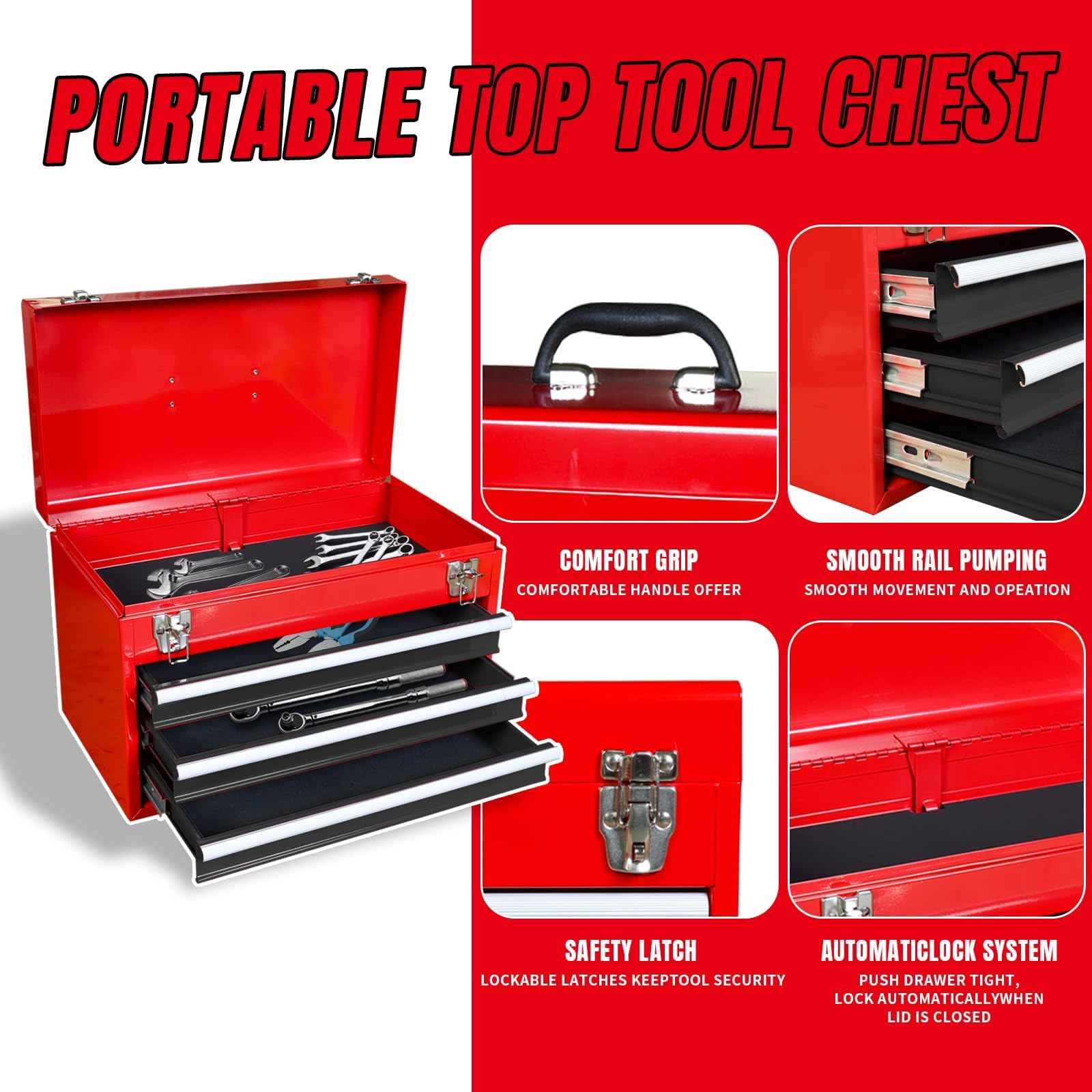 BIG RED ATBD134R-RB-4 Torin Rolling Tool Chest - 3 Drawer Workshop Organizer with Detachable Storage Cabinet & Adjustable Shelf, Red/Black - Perfect for Garage, Workshop & DIY Projects