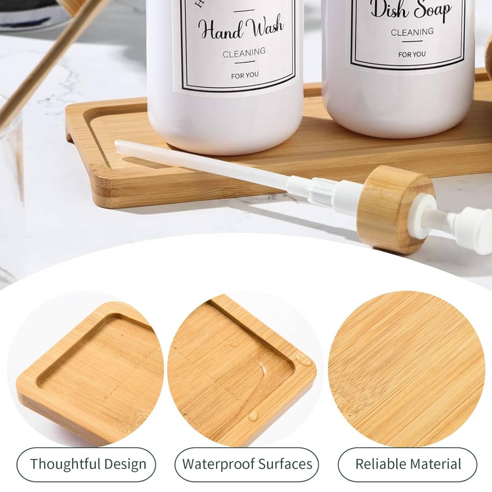 Bamboo Soap Dispenser Tray - Bathroom Countertop Organizer, Kitchen Sink Tray, Jewelry & Cosmetic Holder - Natural Wood Vanity Tray for Bathroom, Dresser, Bathtub - Perfect for Organizing Rings, Soaps & Beauty Products