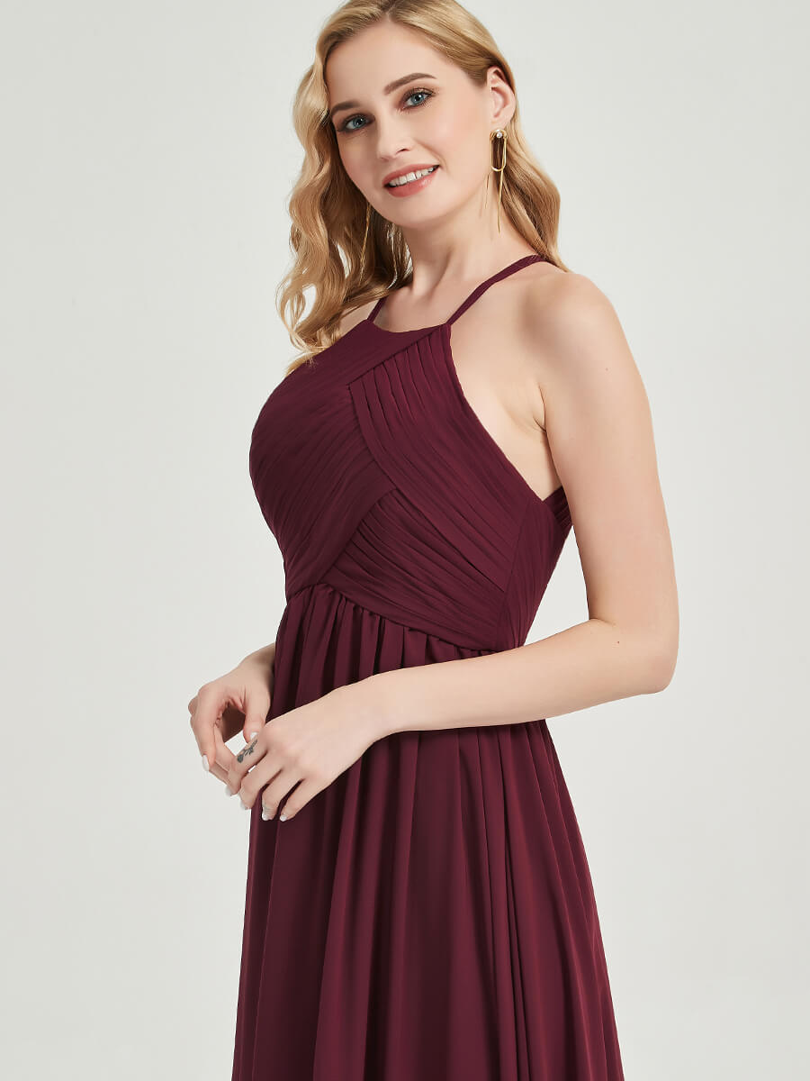 Elegant Dark Navy Halter Pleated Keyhole Back Chiffon Maxi Bridesmaid Dress for Weddings & Formal Events - Perfect for Summer Beach Weddings, Evening Galas, and Special Occasions