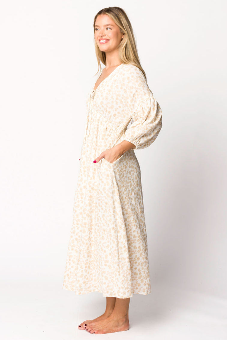 Hunter 100% Cotton Gauze Midi Dress - Natural/Fawn Floral Print | Bump Friendly Maternity Dress | Perfect for Summer, Beach & Pregnancy Photoshoots