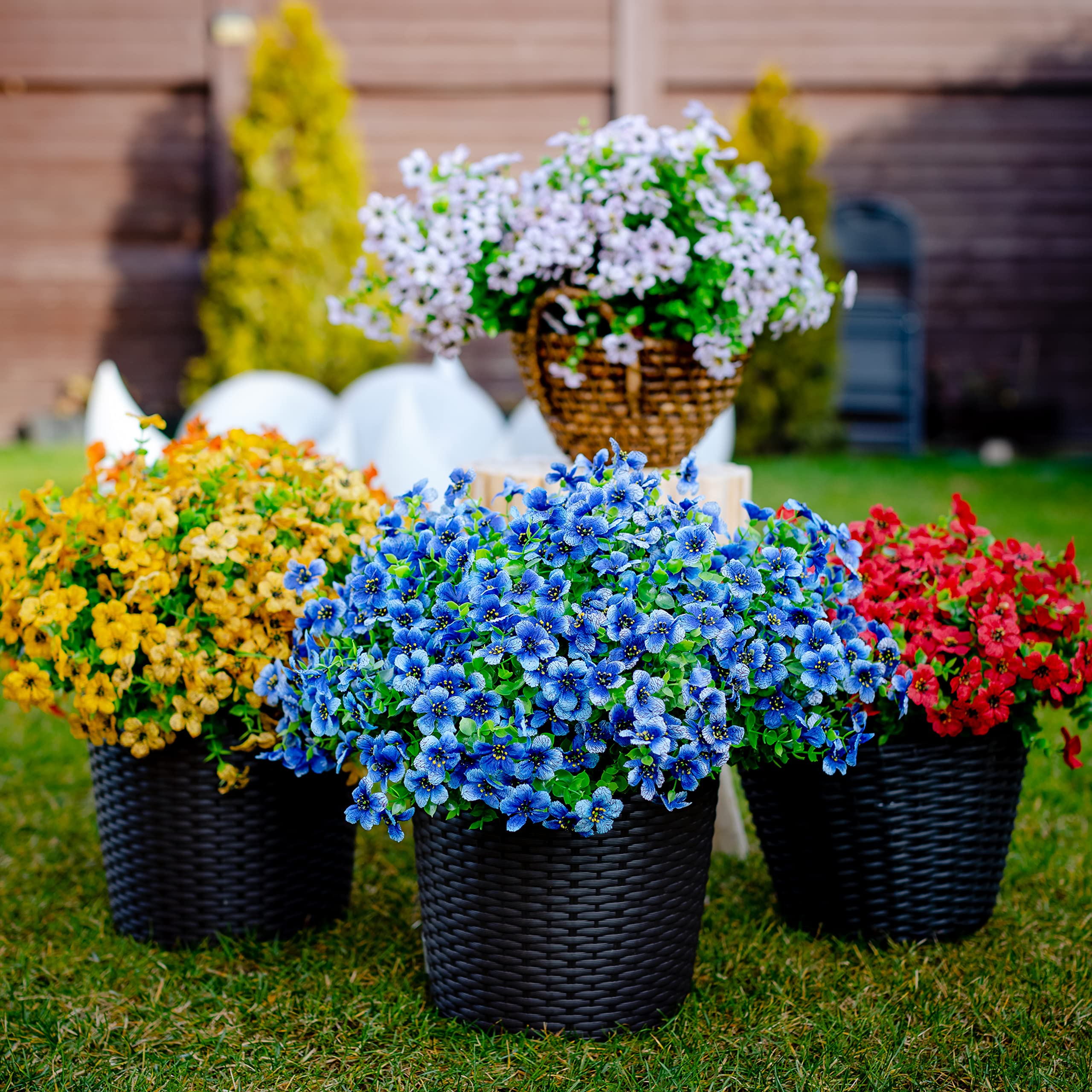 16 Bundles Artificial Outdoor Flowers - Faux Boxwood Greenery Shrubs, No Fade Plastic Plants for Fall Farmhouse Decor, Garden & Patio Landscaping (Blue) | Perfect for Porch, Wedding, and Home Decoration