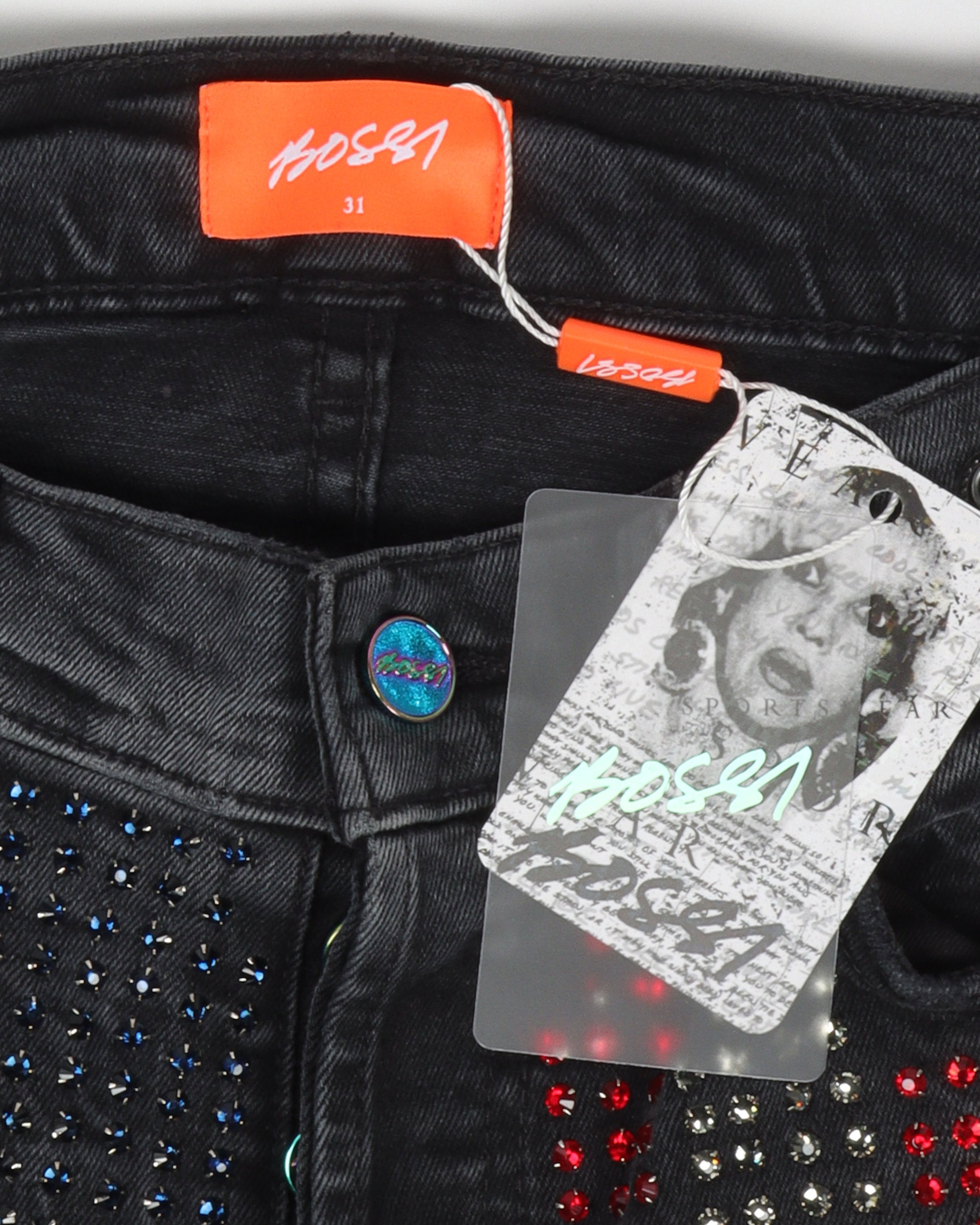 1 of 1 USA Flag Rhinestone Jeans - Patriotic Distressed Denim Pants with Crystal Embellishments | Perfect for 4th of July, Concerts & American Pride Events