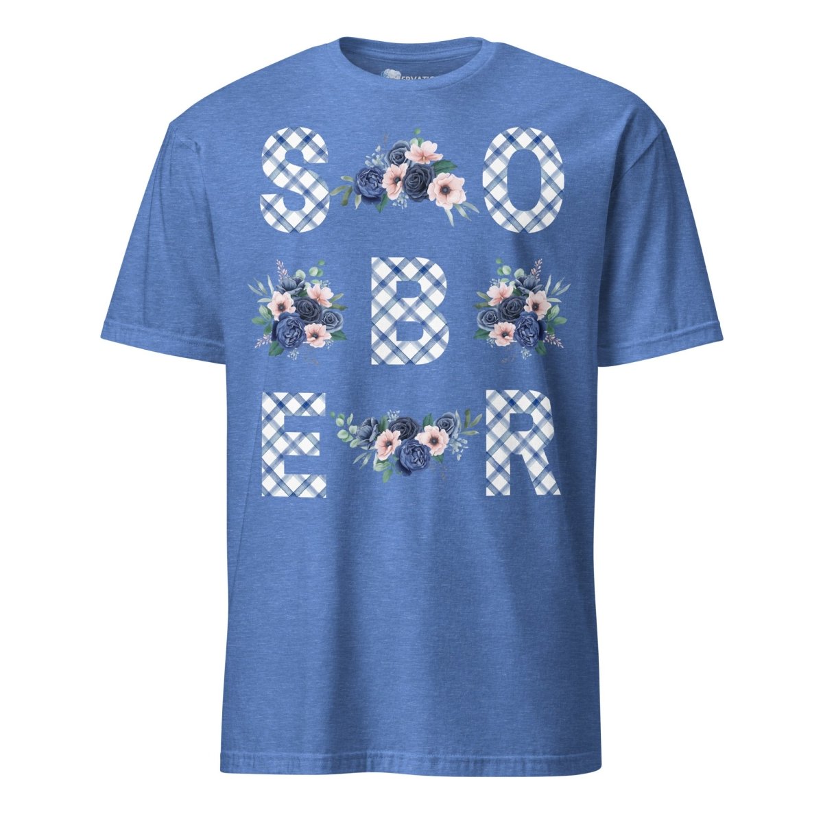 SOBER - Blue Gingham Floral Print Unisex Essential T-Shirt (Front Graphic) | Casual Everyday Wear, Street Style Outfit, Summer Fashion Basic Tee