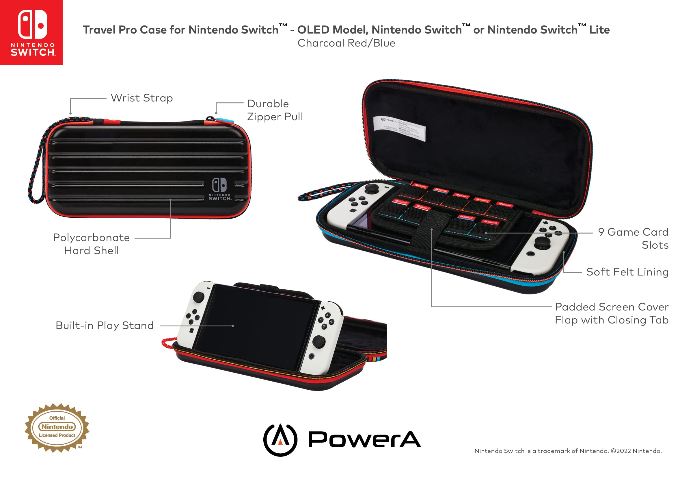 PowerA Slim Travel Pro Case for Nintendo Switch - OLED Model, Switch & Switch Lite - Red/Blue Hard Shell Protective Gaming Case | Portable Storage for Travel, Commuting & Home Use